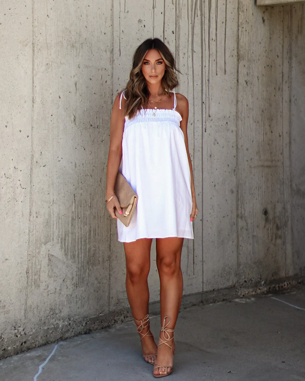 Jessy Smocked Pocketed Shoulder Tie Mini Dress