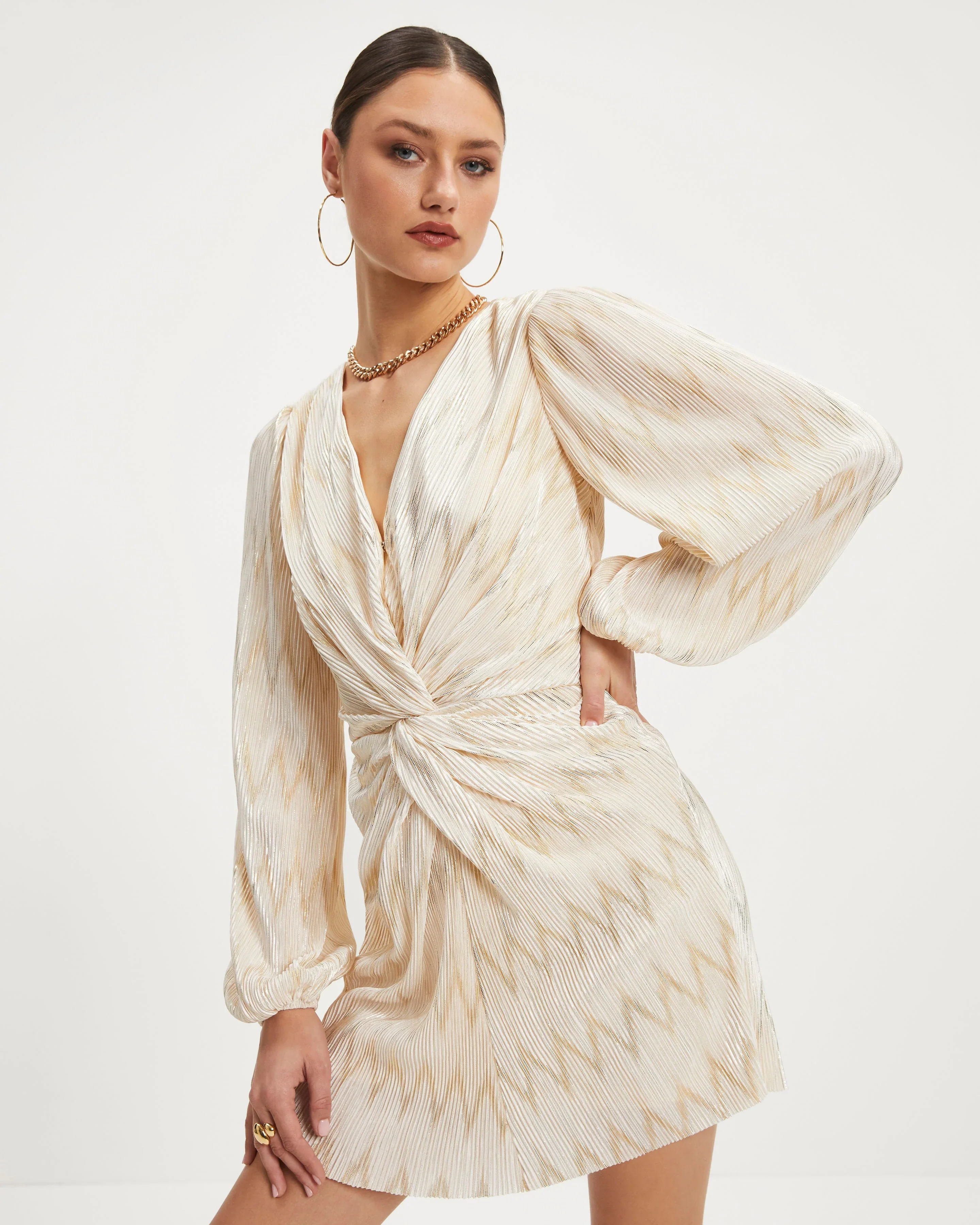 Giuliana Twisted Front Plisse Metallic Mini Dress