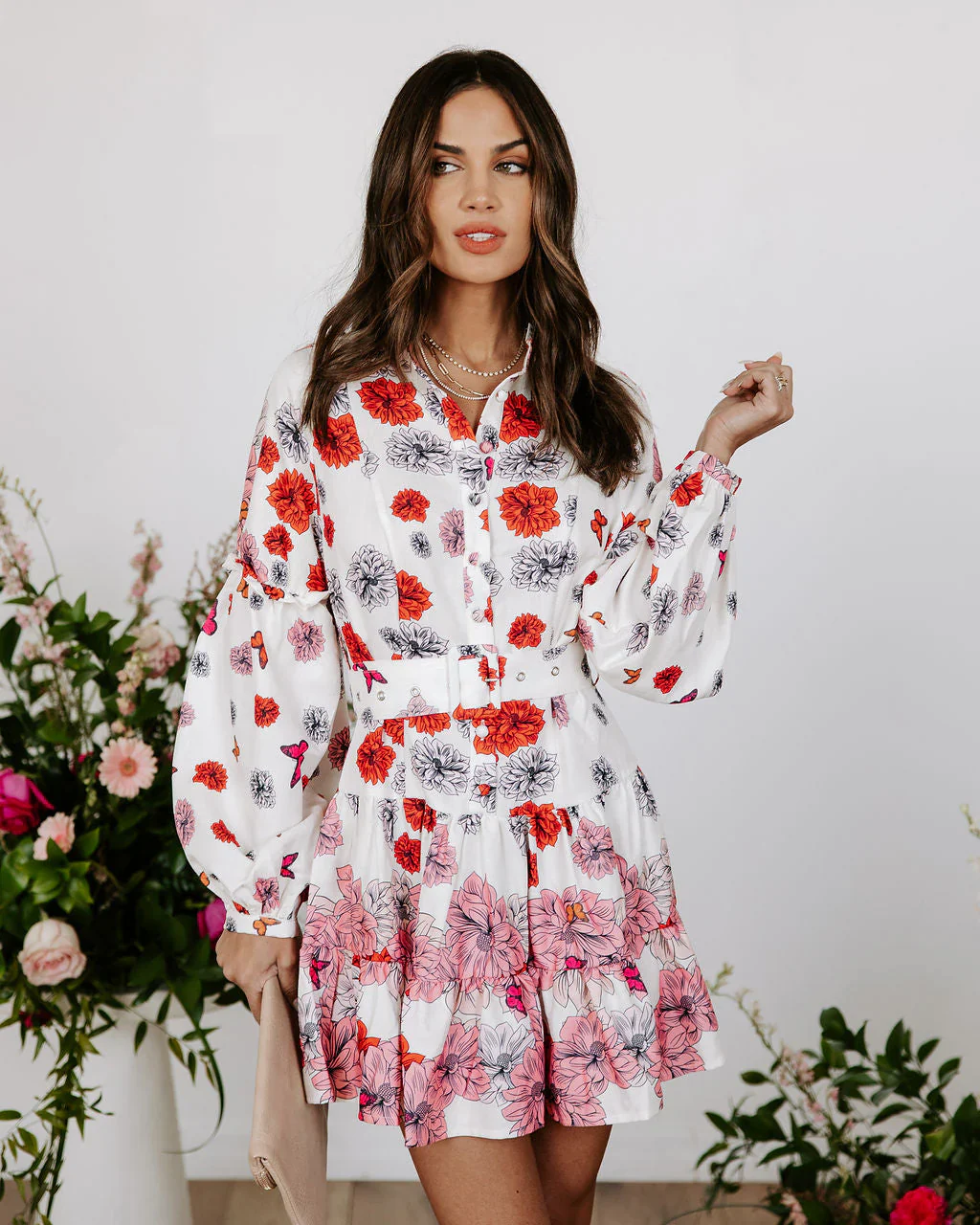Katherine Floral Belted Tiered Mini Dress