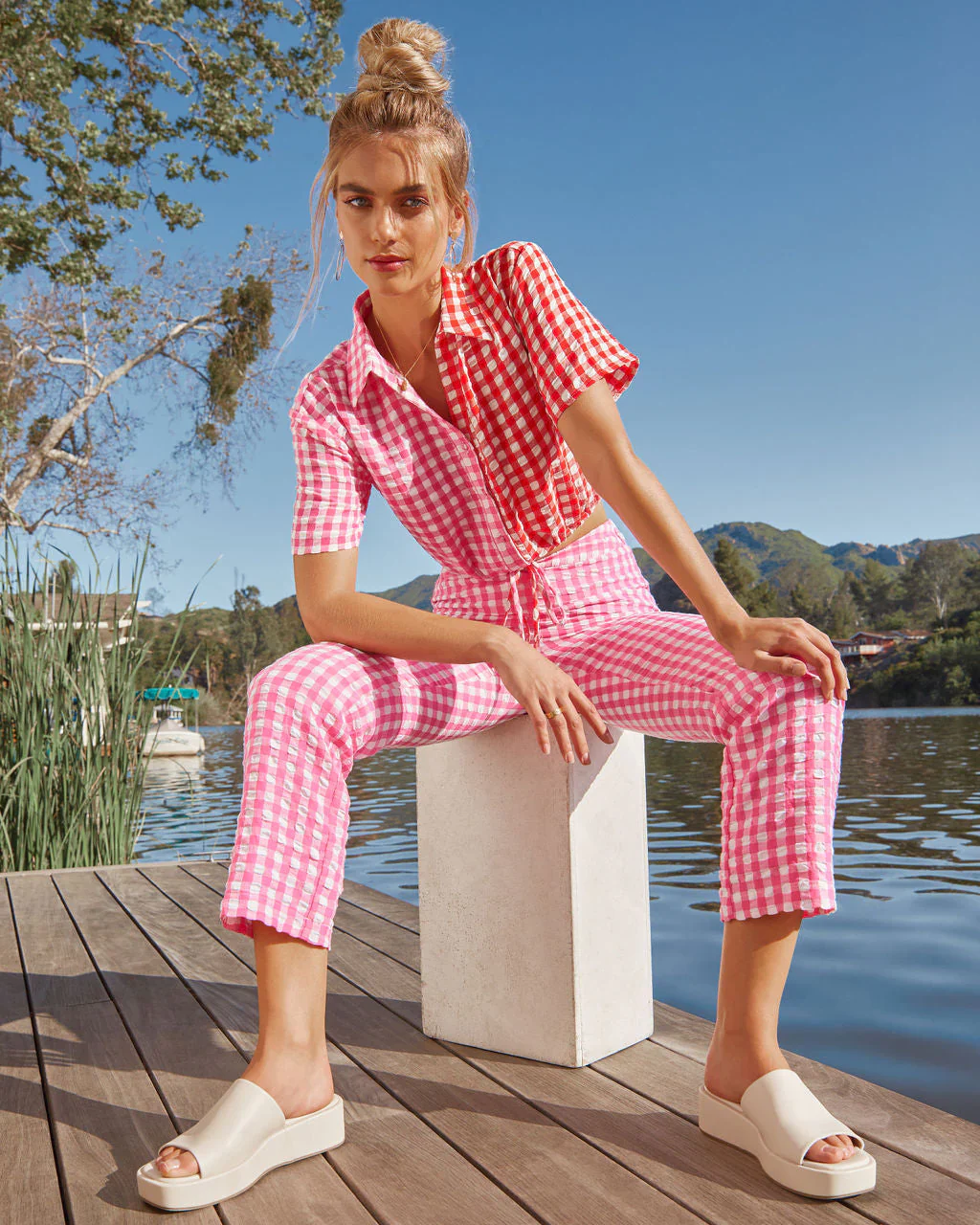 Kamala Gingham Textured Straight Leg Pants