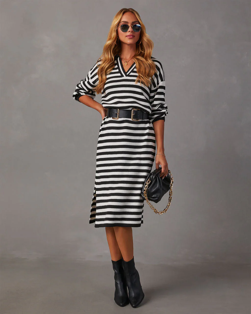 Pasqual Striped Collared Knit Midi Dress