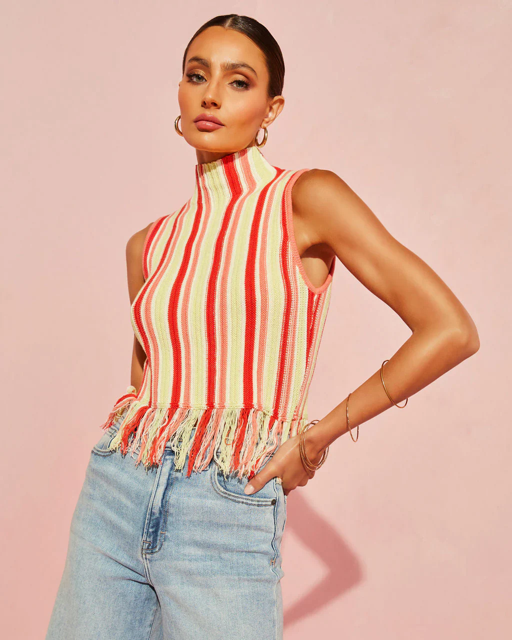 Lumi Striped Sweater Knit Fringe Hem Top