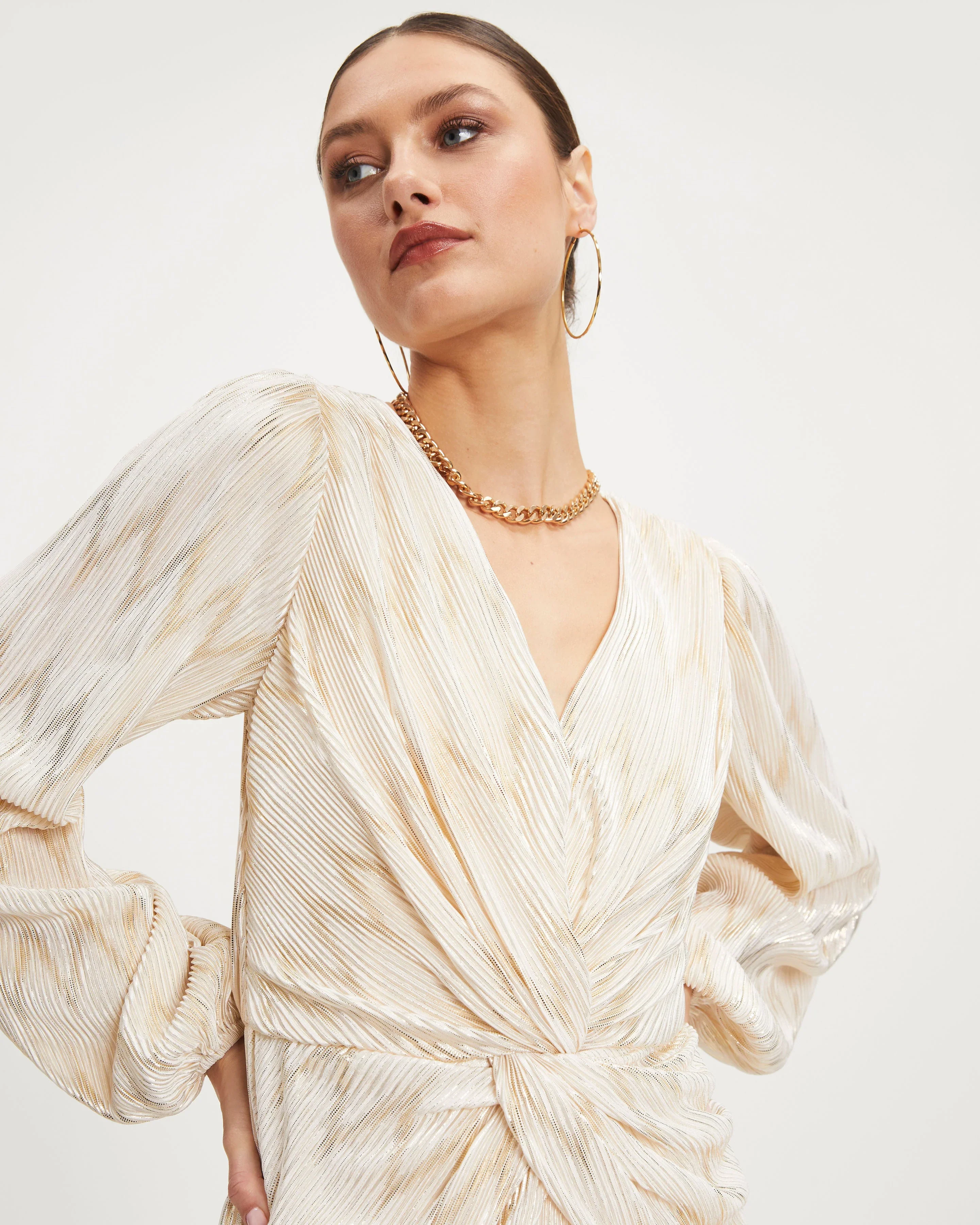 Giuliana Twisted Front Plisse Metallic Mini Dress