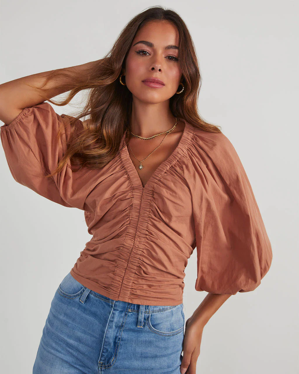 Rhene Cotton Ruched V-Neck Top