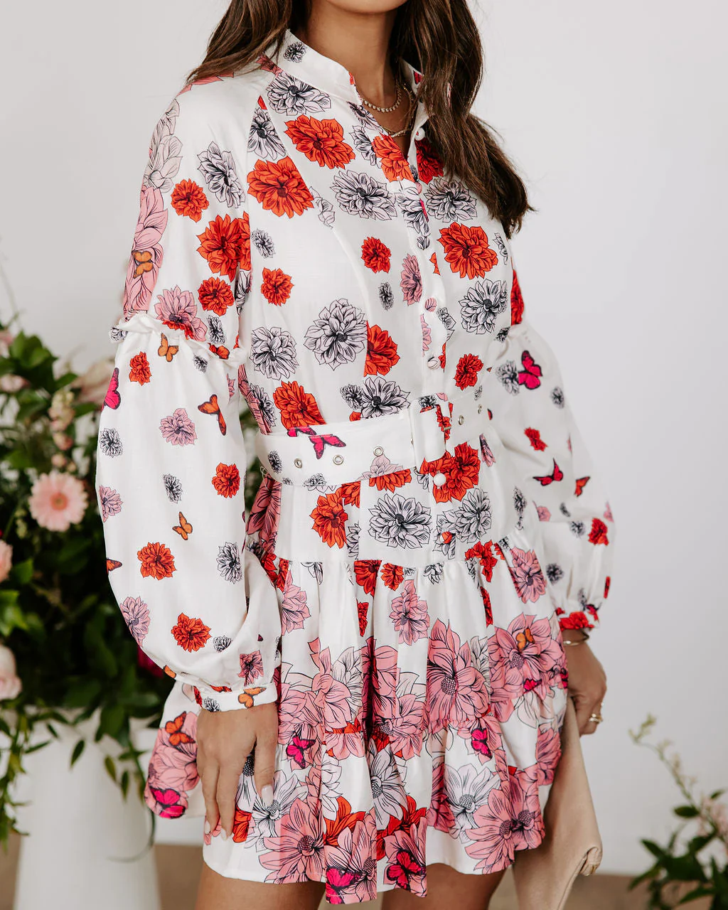 Katherine Floral Belted Tiered Mini Dress