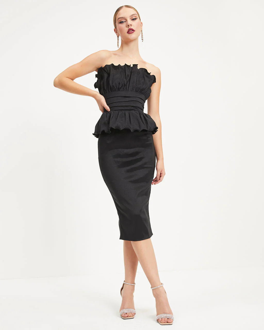 Raven Strapless Peplum Midi Dress