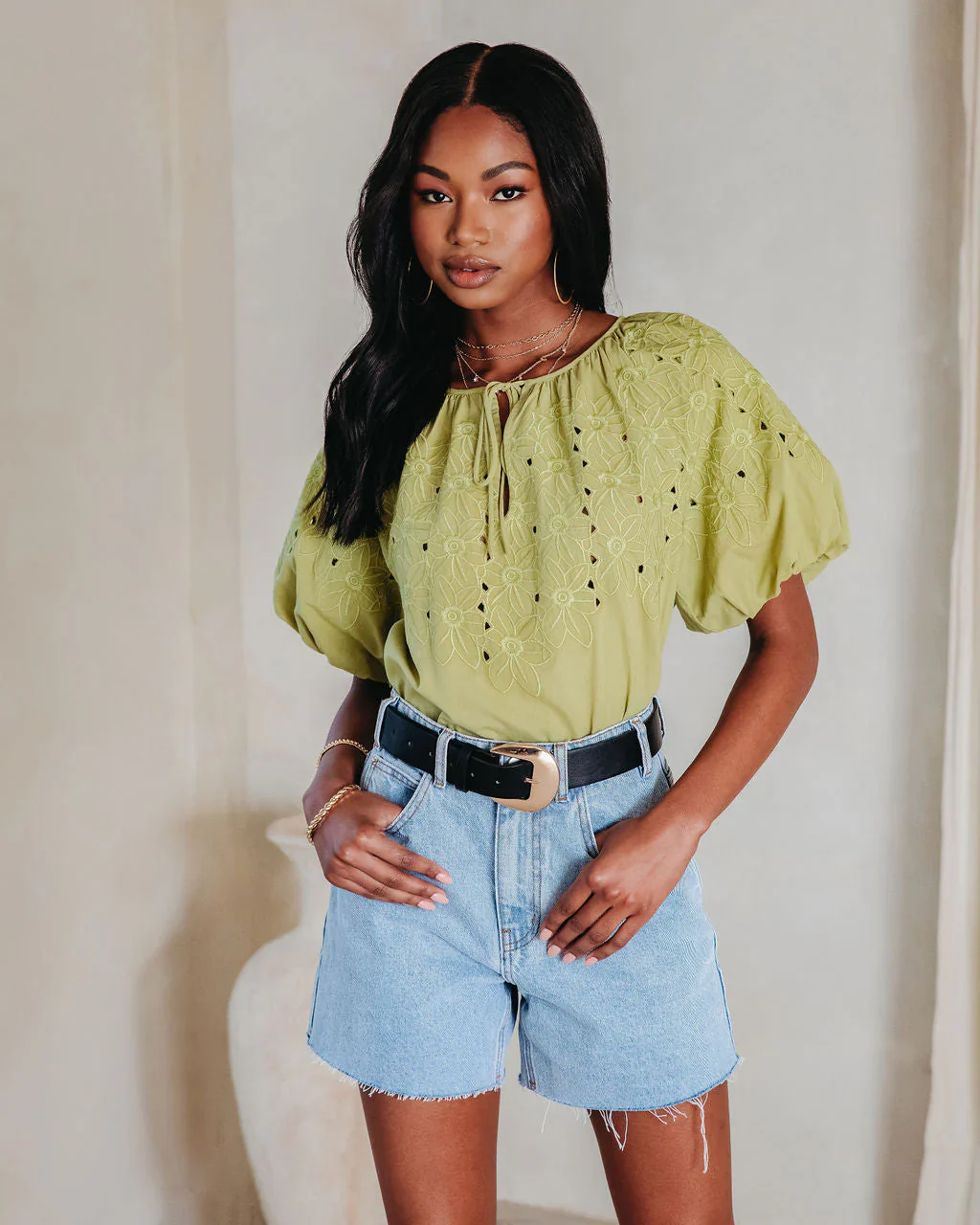 Linda Lou Cotton Floral Embroidered Puff Sleeve Top