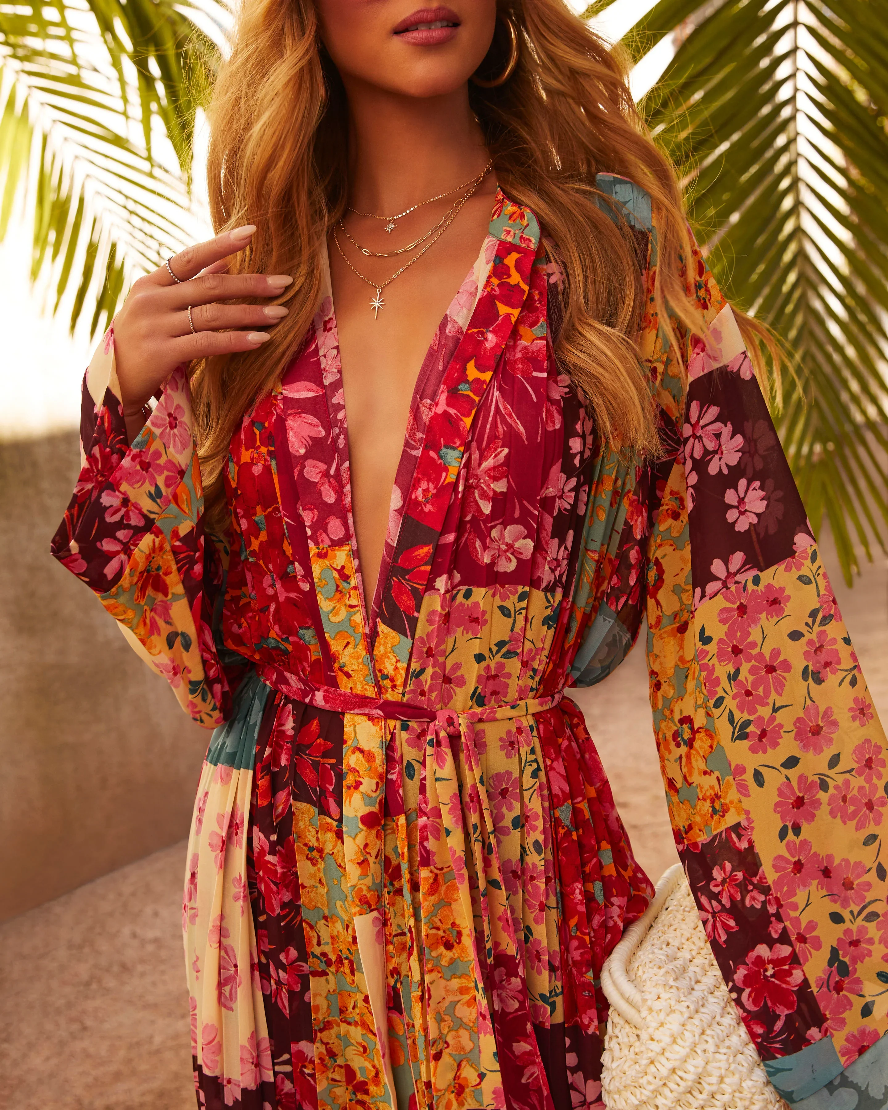 Dominica Pleated Floral Tie Waist Kimono