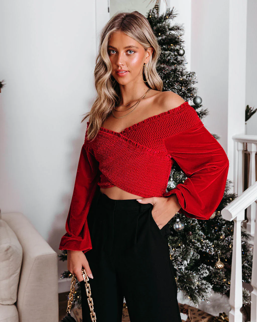 Party Perfection Smocked Velvet Crop Top