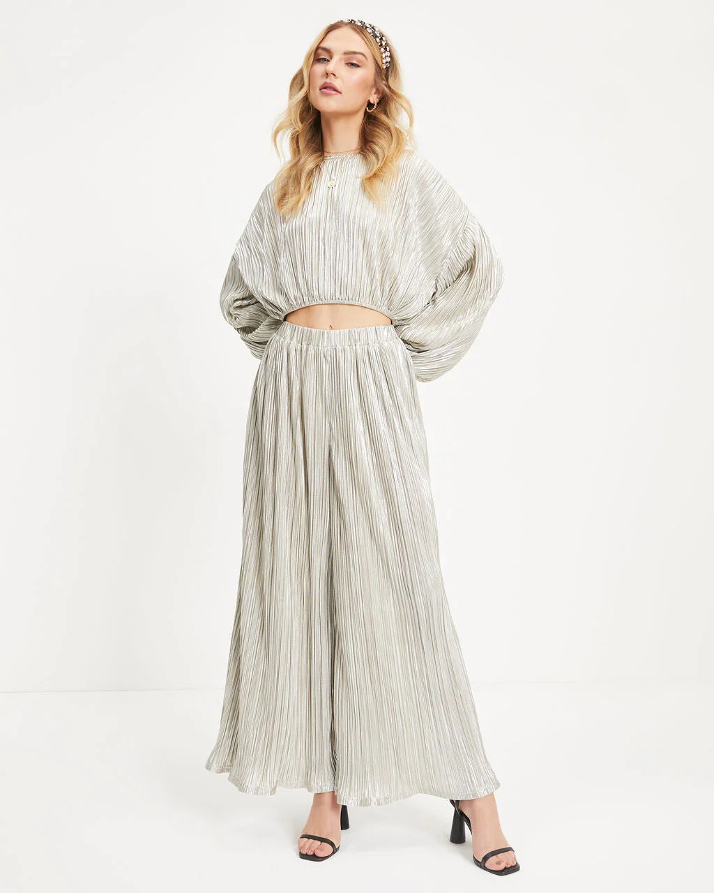 Kiyara Pocketed High Rise Shimmer Plisse Pants