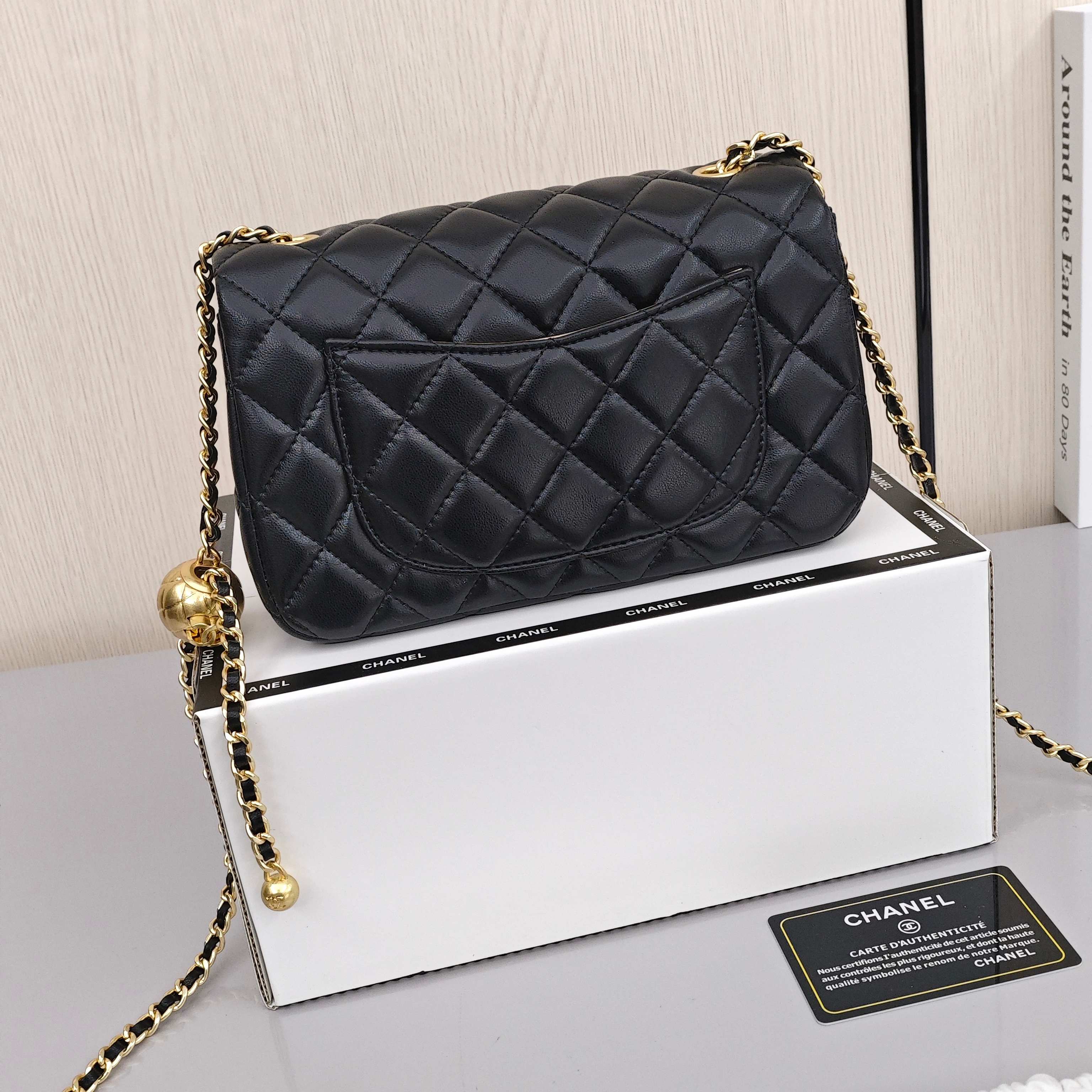 CHANEL Small Gold Ball CF Classic Quilted Flap Bag with Gold - tone Clasp Shoulder Strap, made of lambskin, Crossbody and Shoulder Bag, Mini Size, Women's Style, Black