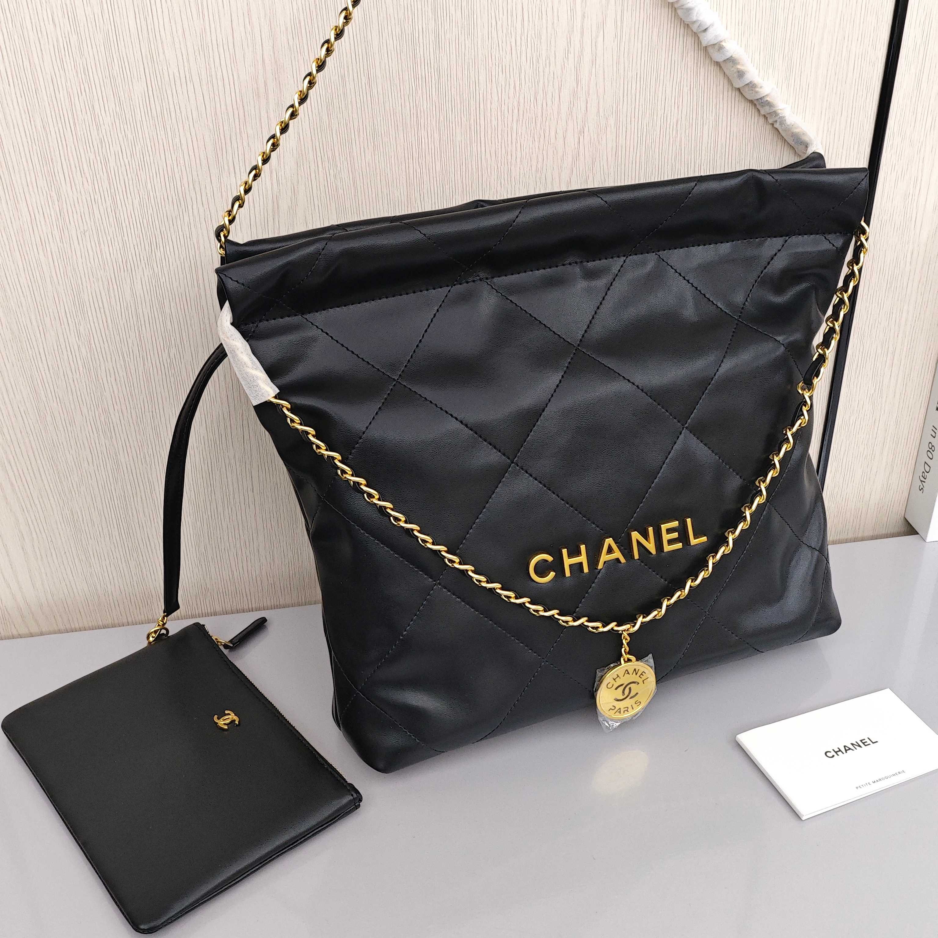 CHANEL 23S 22bag mini Quilted Drawstring Chain Bag with Shiny Crinkled Calfskin, Shoulder and Crossbody Bag, Mini Size, Women's Style, Black