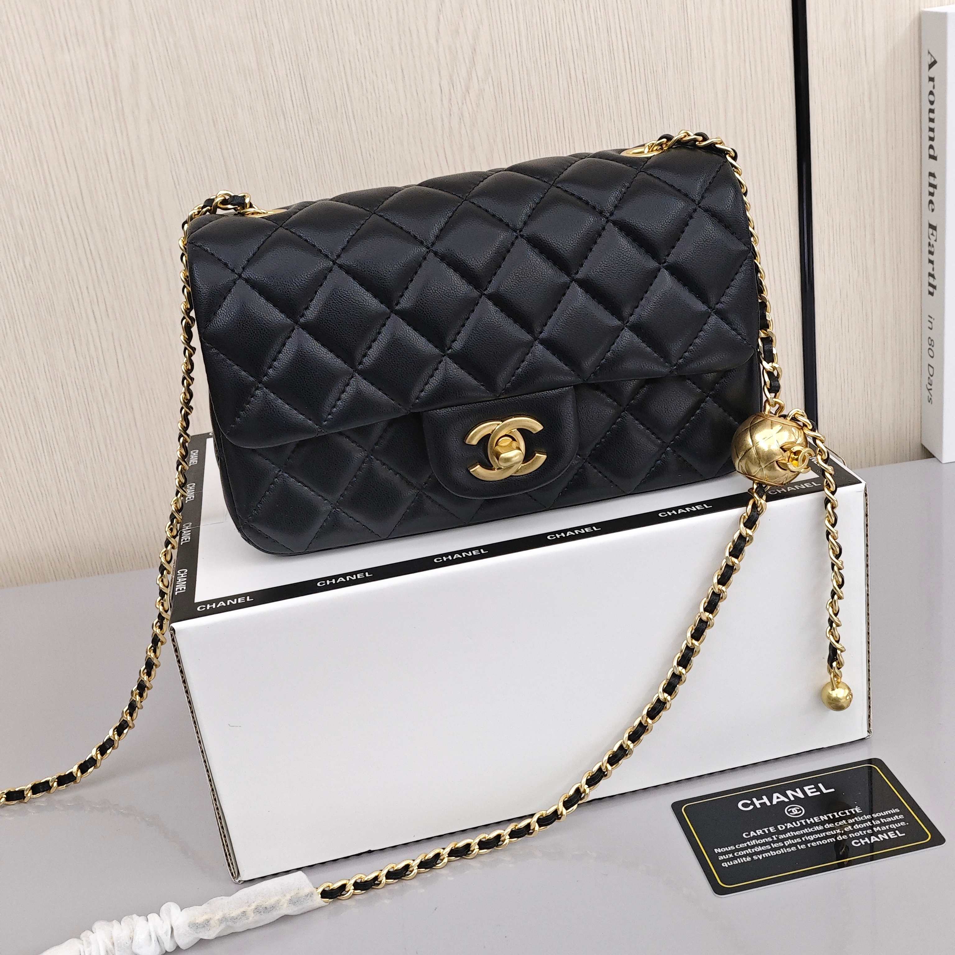 CHANEL Small Gold Ball CF Classic Quilted Flap Bag with Gold - tone Clasp Shoulder Strap, made of lambskin, Crossbody and Shoulder Bag, Mini Size, Women's Style, Black