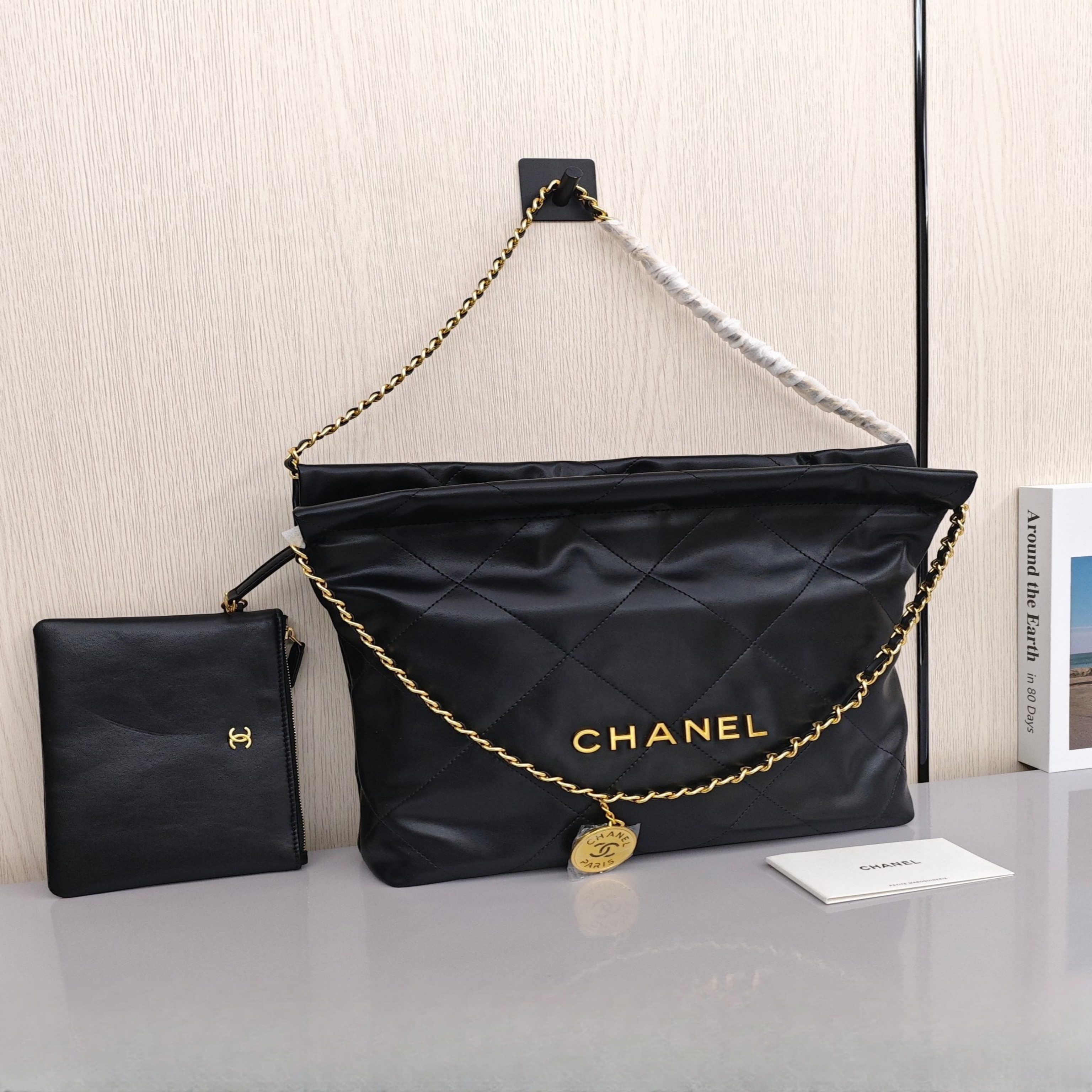 CHANEL 23S 22bag mini Quilted Drawstring Chain Bag with Shiny Crinkled Calfskin, Shoulder and Crossbody Bag, Mini Size, Women's Style, Black