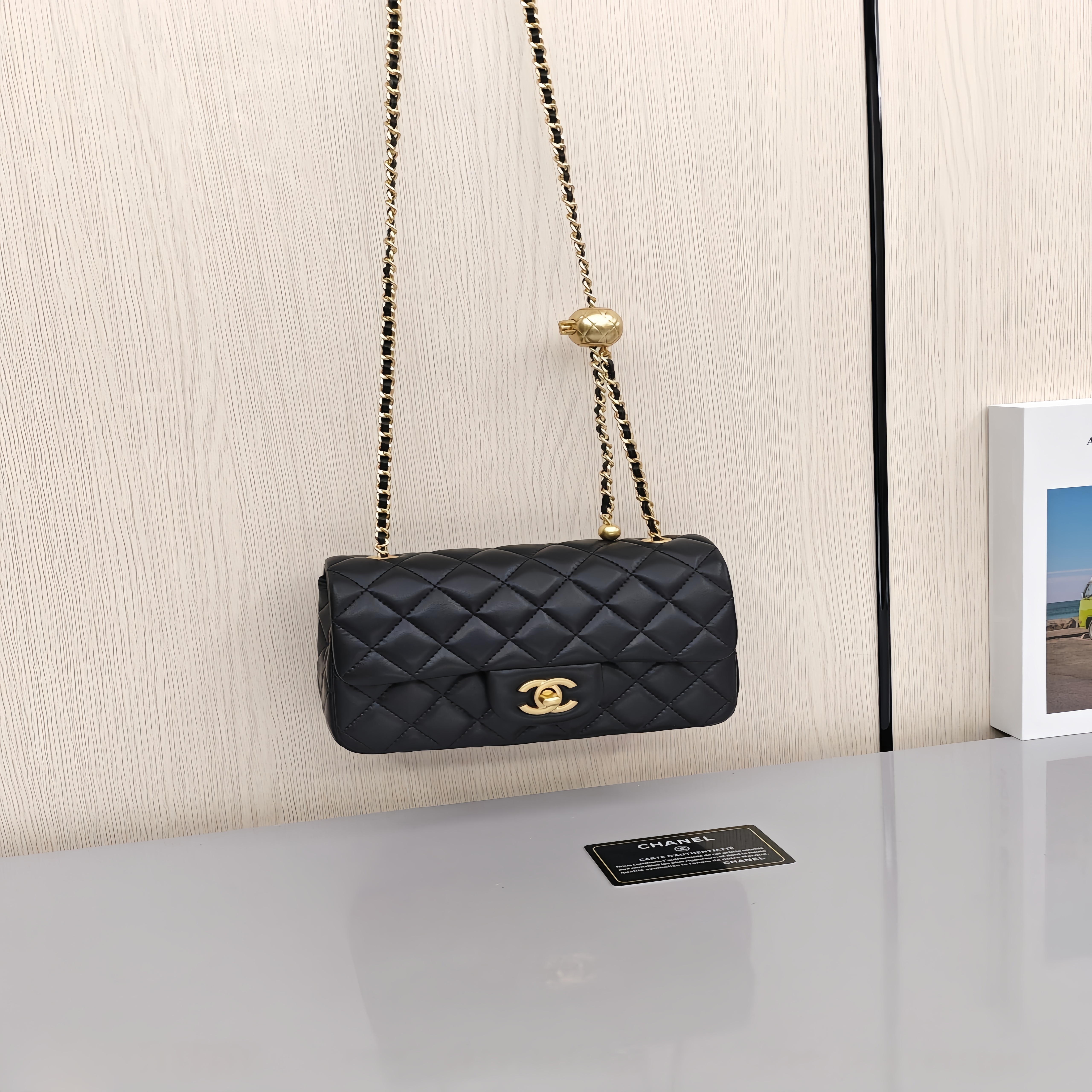 CHANEL Small Gold Ball CF Classic Quilted Flap Bag with Gold - tone Clasp Shoulder Strap, made of lambskin, Crossbody and Shoulder Bag, Mini Size, Women's Style, Black