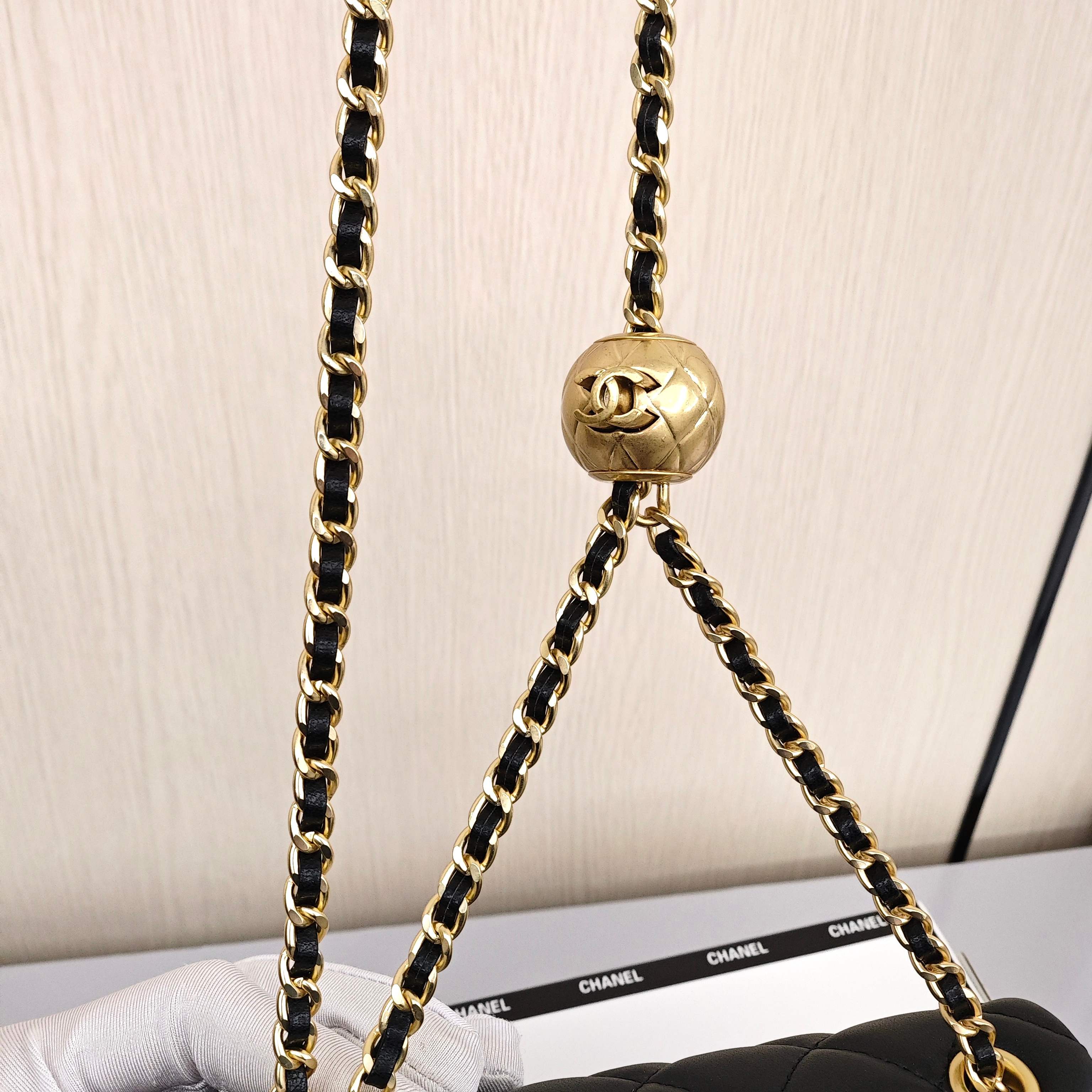 CHANEL Small Gold Ball CF Classic Quilted Flap Bag with Gold - tone Clasp Shoulder Strap, made of lambskin, Crossbody and Shoulder Bag, Mini Size, Women's Style, Black