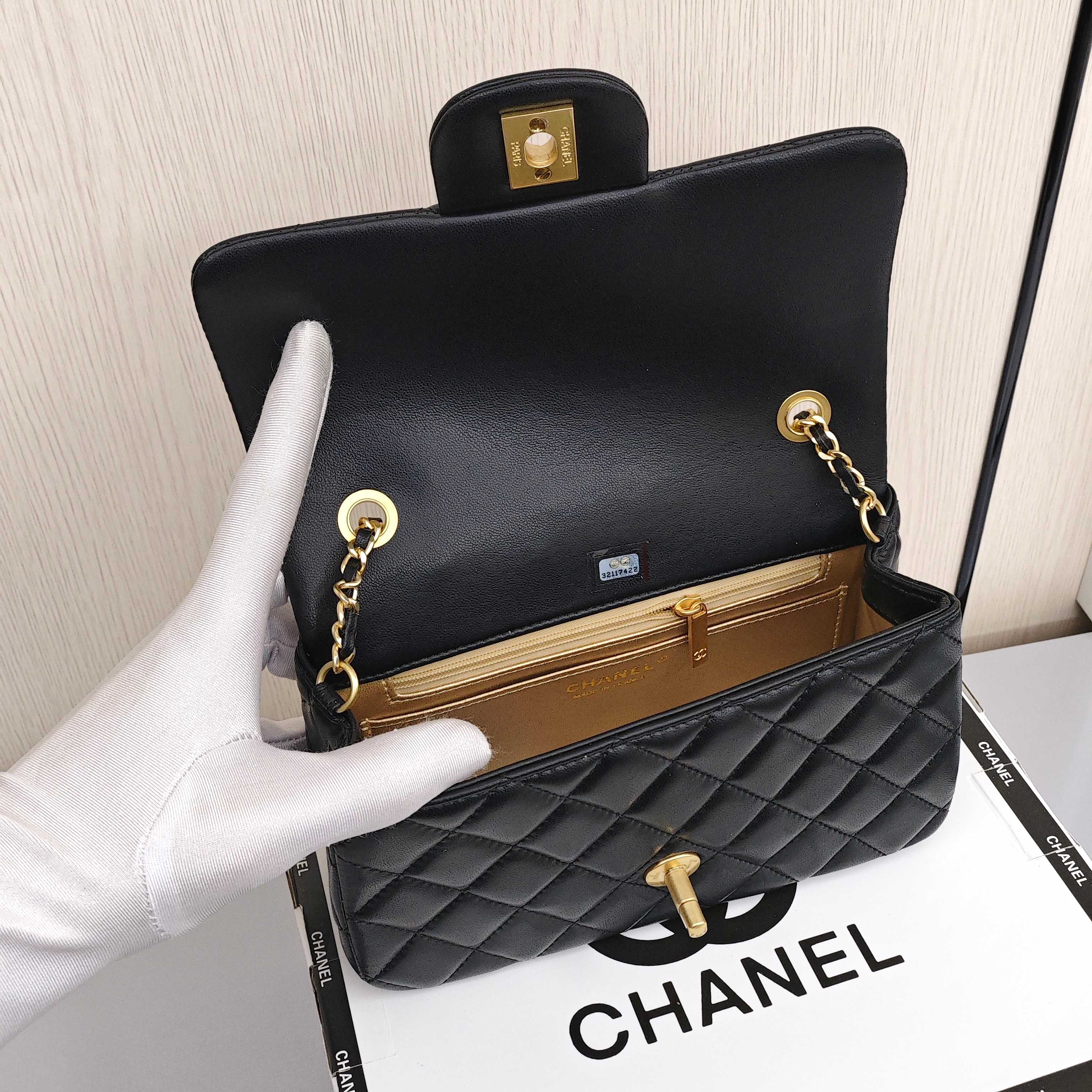 CHANEL Small Gold Ball CF Classic Quilted Flap Bag with Gold - tone Clasp Shoulder Strap, made of lambskin, Crossbody and Shoulder Bag, Mini Size, Women's Style, Black