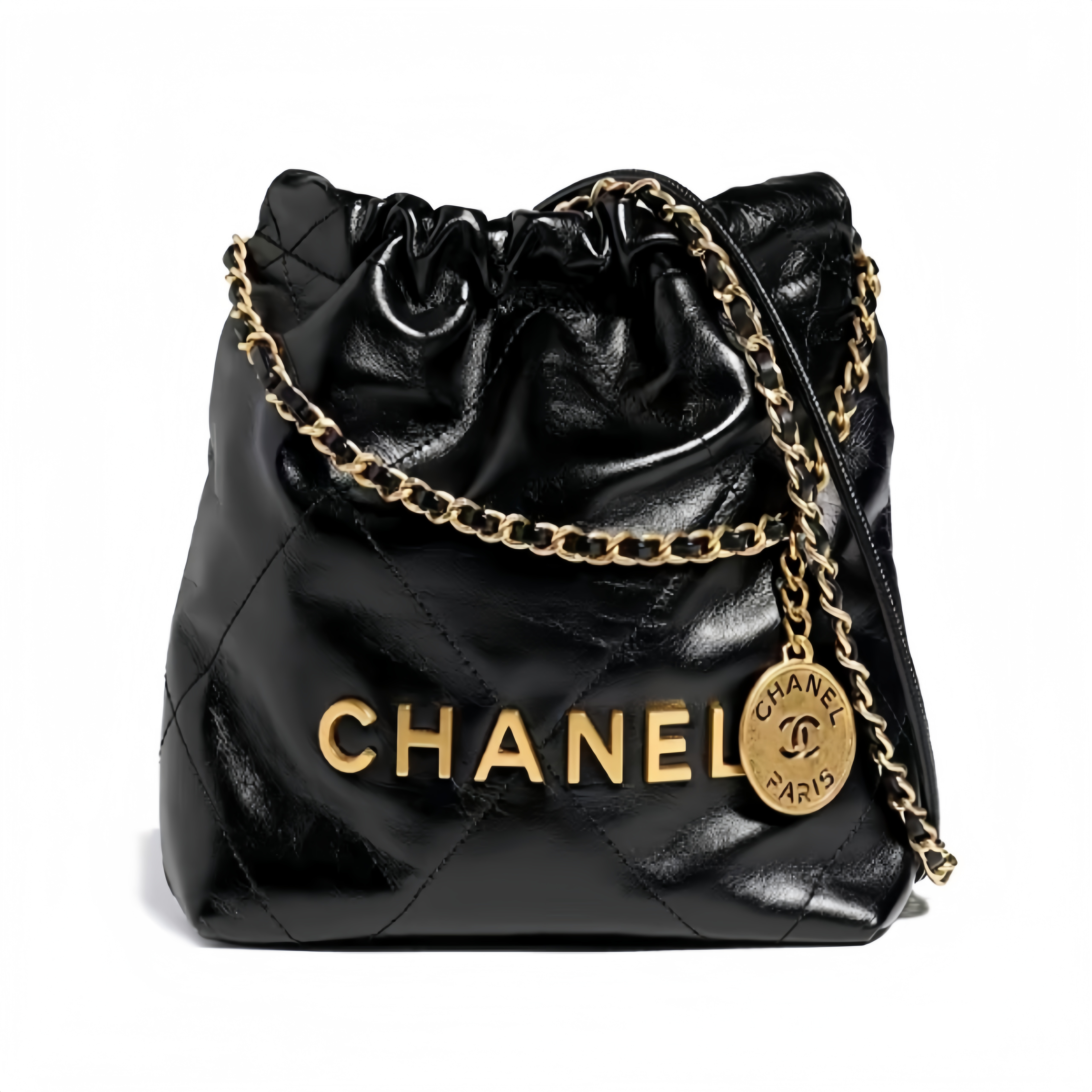 CHANEL 23S 22bag mini Quilted Drawstring Chain Bag with Shiny Crinkled Calfskin, Shoulder and Crossbody Bag, Mini Size, Women's Style, Black