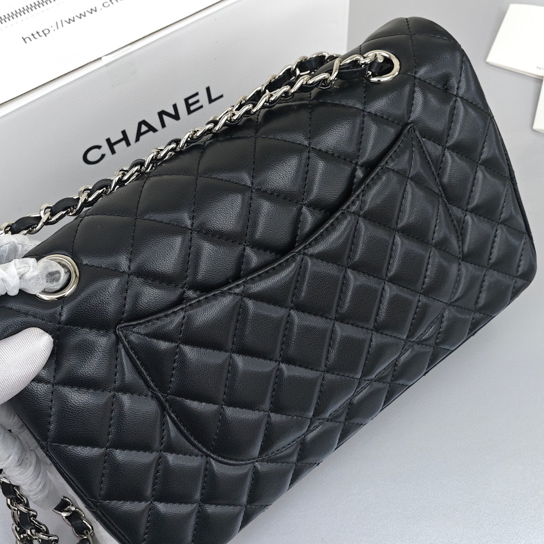 CHANEL Classic Flap CF Shoulder/Crossbody Flap Bag for Women, in Black, featuring Classic Silver - Tone Hardware, Grain - Embossed Calfskin Leather and Chain Shoulder Strap
