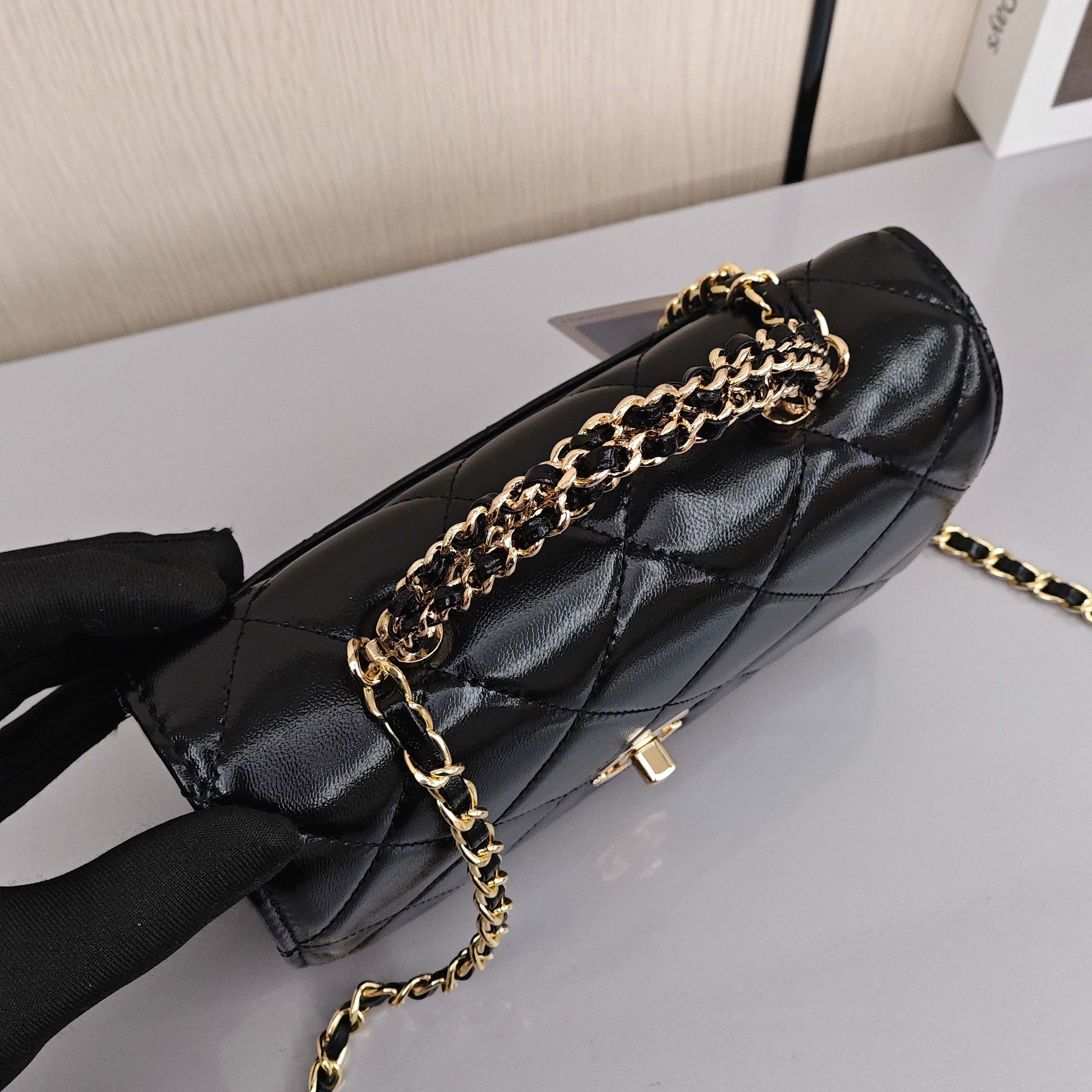 CHANEL 24B Chain - Quilted Shoulder/Crossbody Bag with Gold - Tone Hardware, Made of Shiny Lambskin Leather, for Women, Black