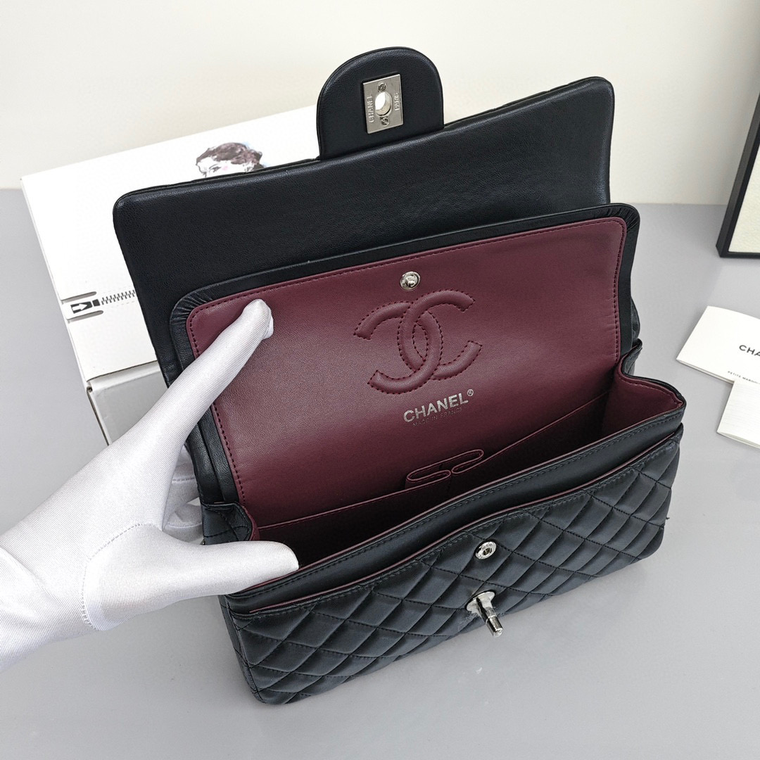 CHANEL Classic Flap CF Shoulder/Crossbody Flap Bag for Women, in Black, featuring Classic Silver - Tone Hardware, Grain - Embossed Calfskin Leather and Chain Shoulder Strap