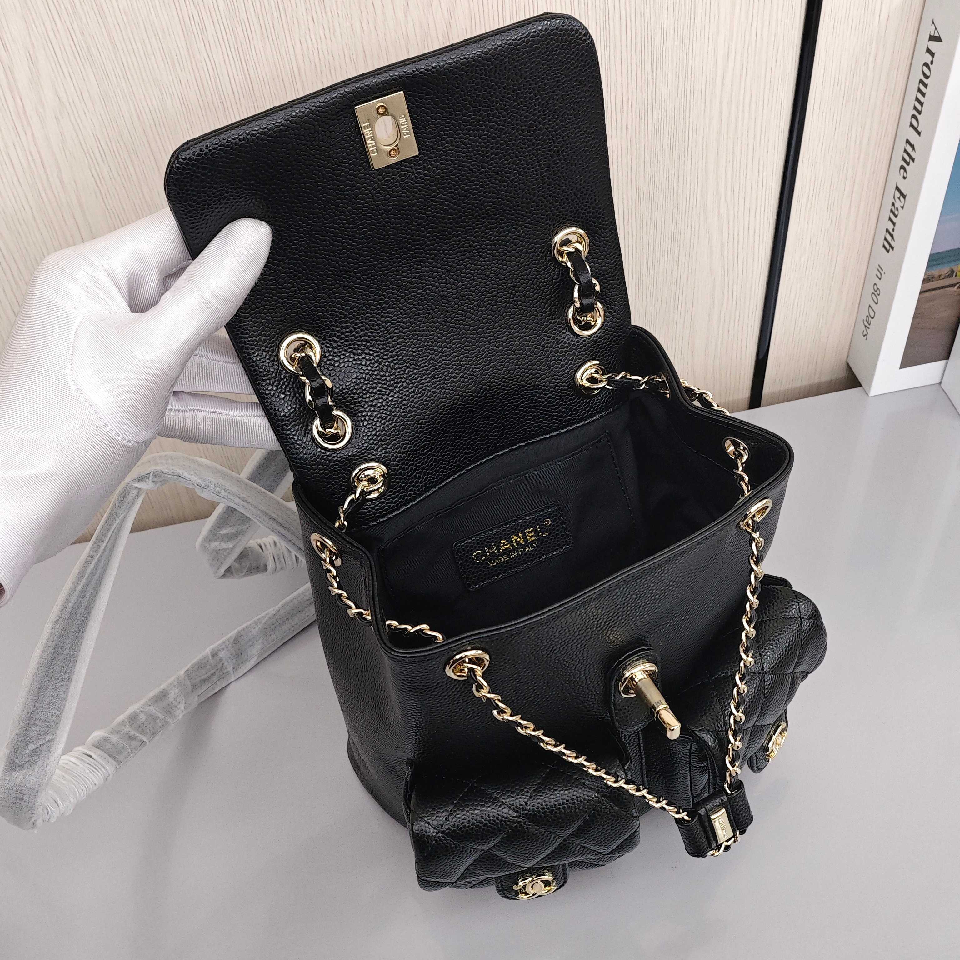 CHANEL Duma 24A Retro Backpack/Dual - Strap Bag with Light Gold - Tone Hardware and Quilted Pattern, Made of Grained Calfskin Leather, Medium Size, Unisex, Black