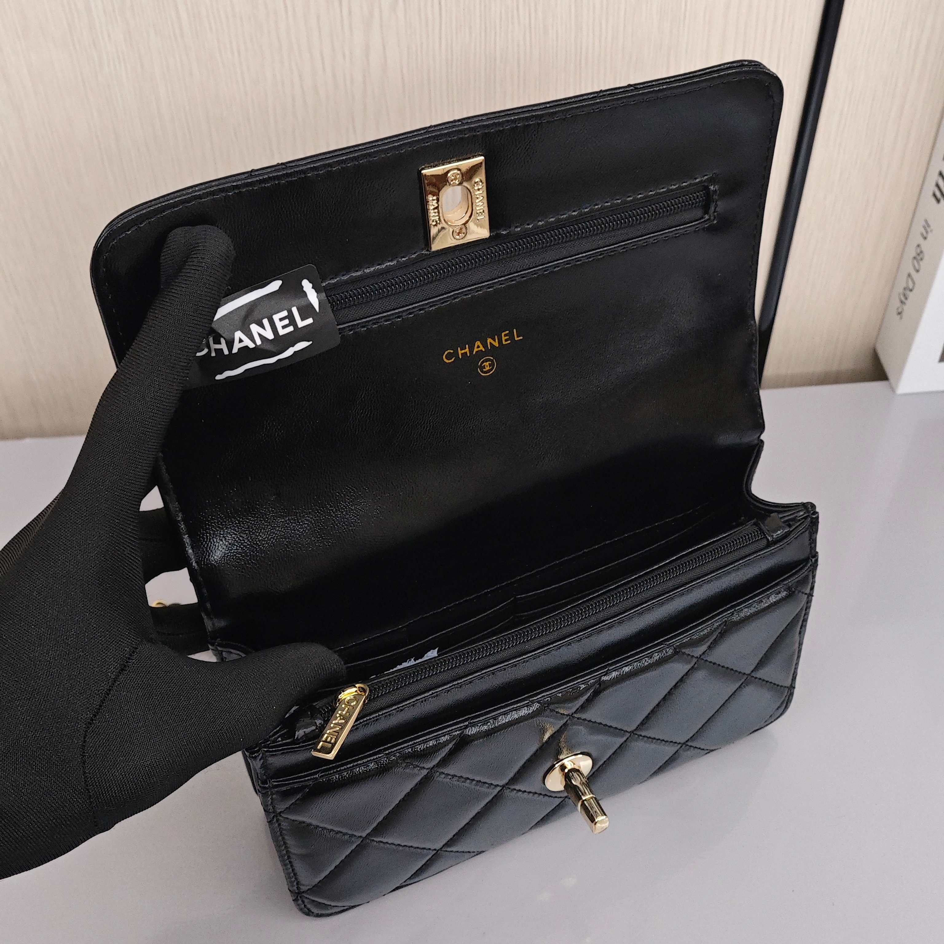 CHANEL 24B Chain - Quilted Shoulder/Crossbody Bag with Gold - Tone Hardware, Made of Shiny Lambskin Leather, for Women, Black