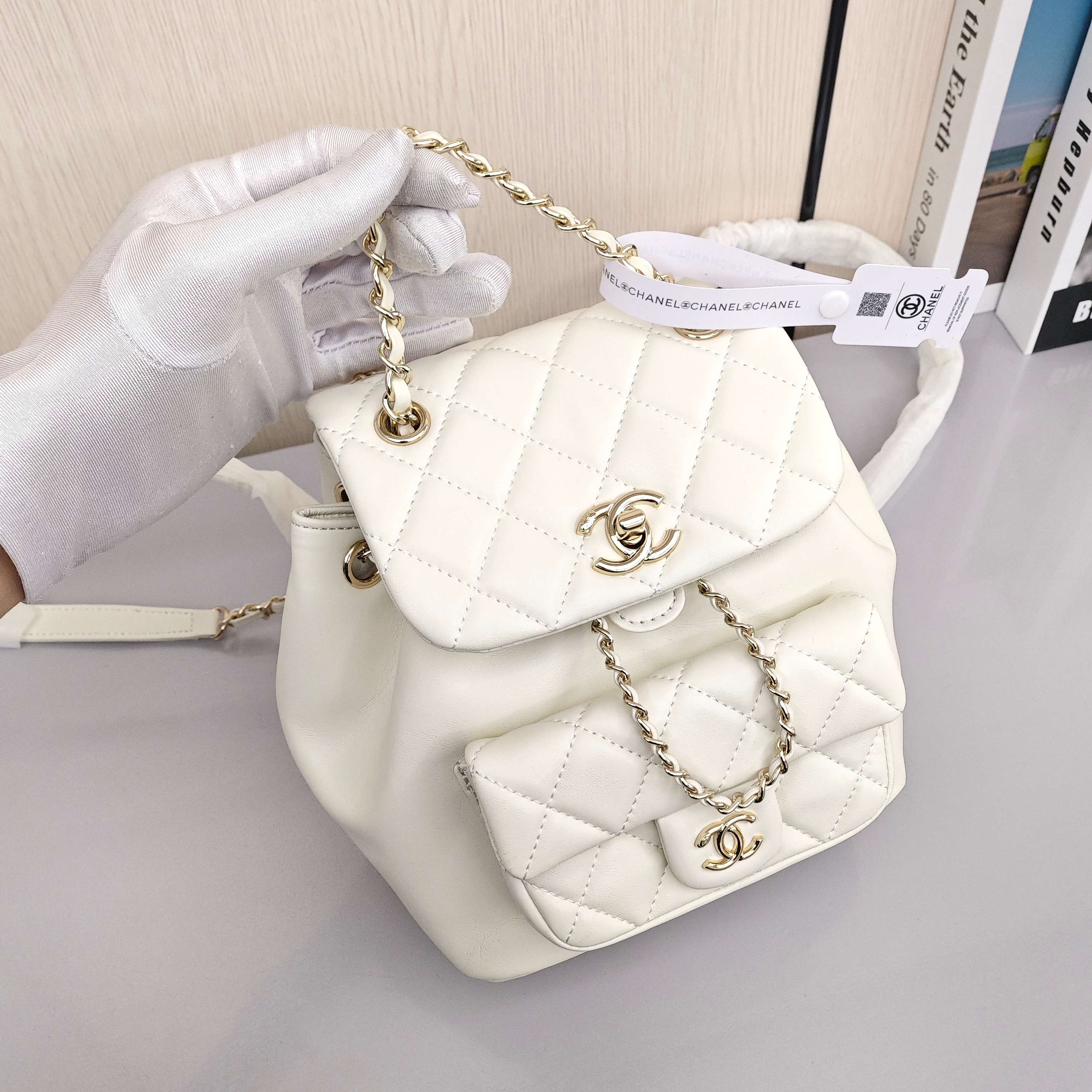 CHANEL Duma 23C Early Spring Collection. Stylish Quilted Flap Backpack/Dual - Strap Bag. Made of Calfskin Leather. Large Size. For Women. White.