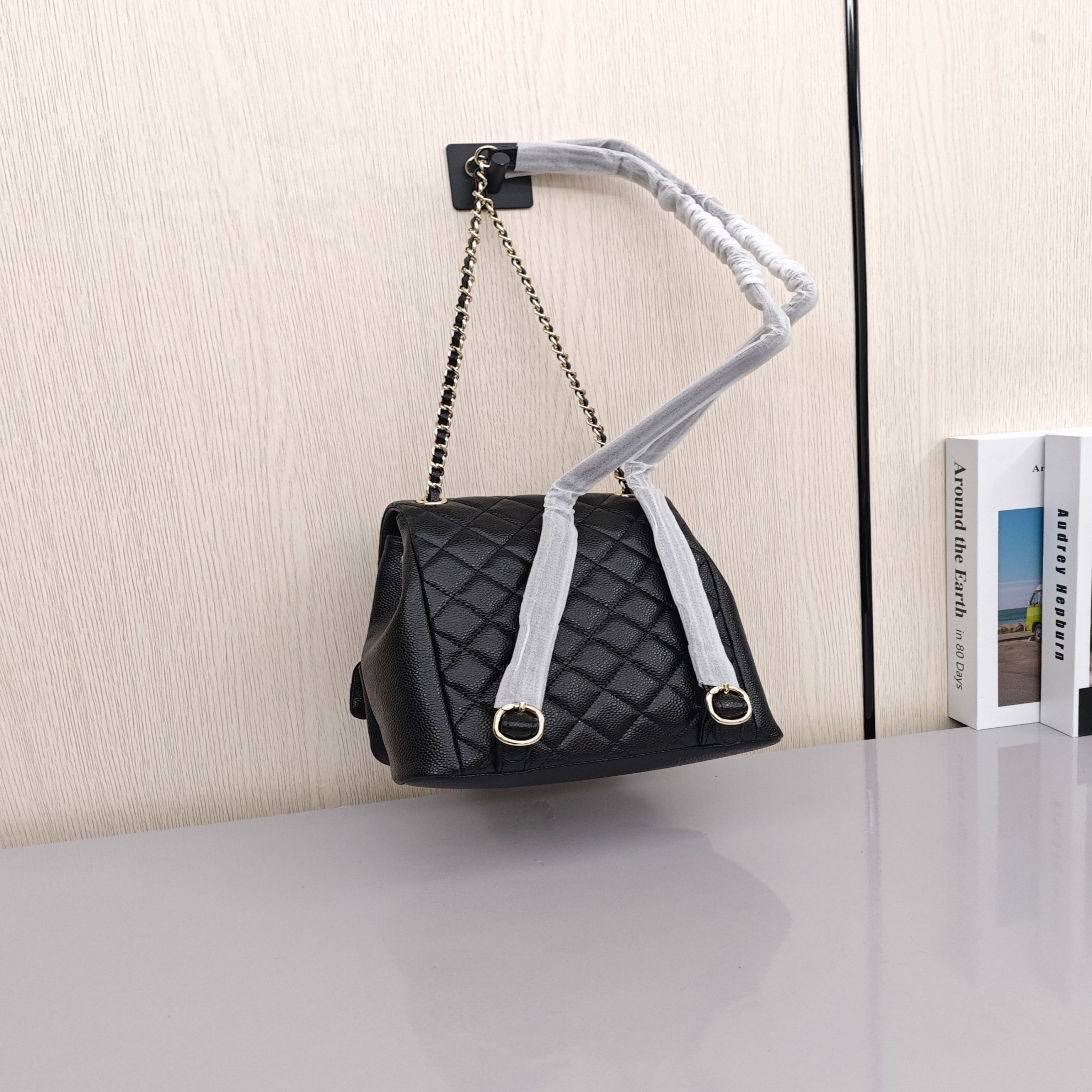 CHANEL Duma 24A Retro Backpack/Dual - Strap Bag with Light Gold - Tone Hardware and Quilted Pattern, Made of Grained Calfskin Leather, Medium Size, Unisex, Black