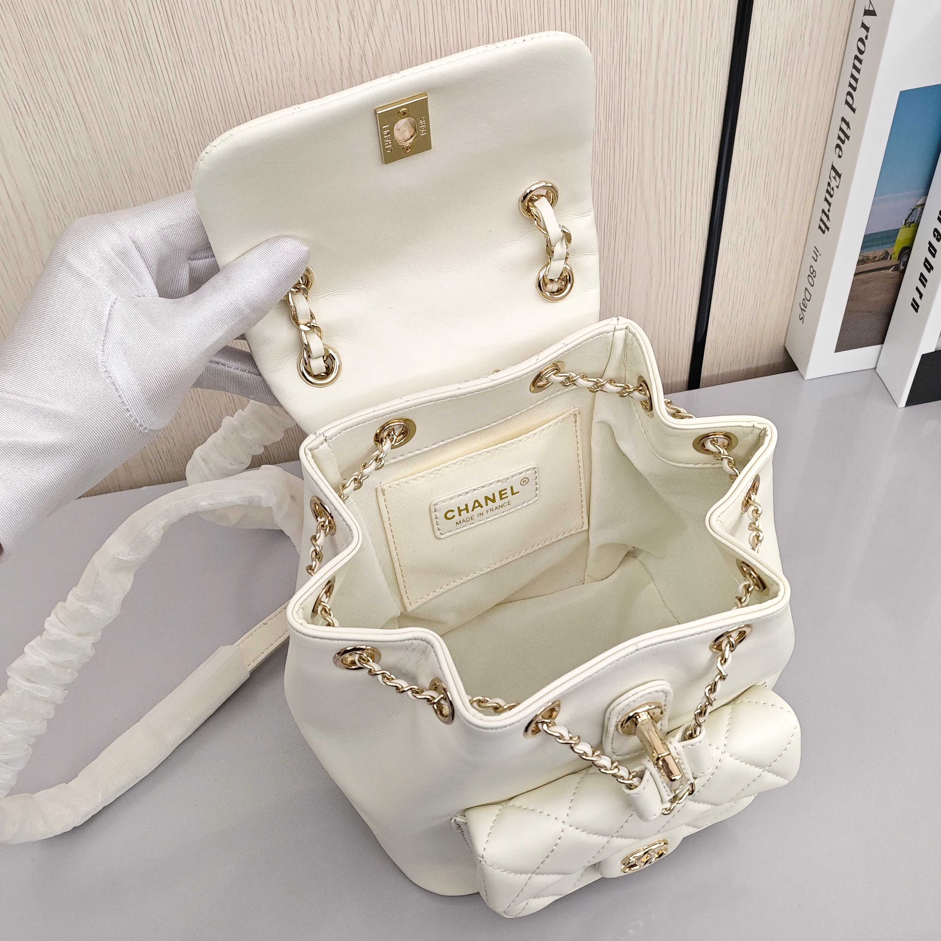 CHANEL Duma 23C Early Spring Collection. Stylish Quilted Flap Backpack/Dual - Strap Bag. Made of Calfskin Leather. Large Size. For Women. White.