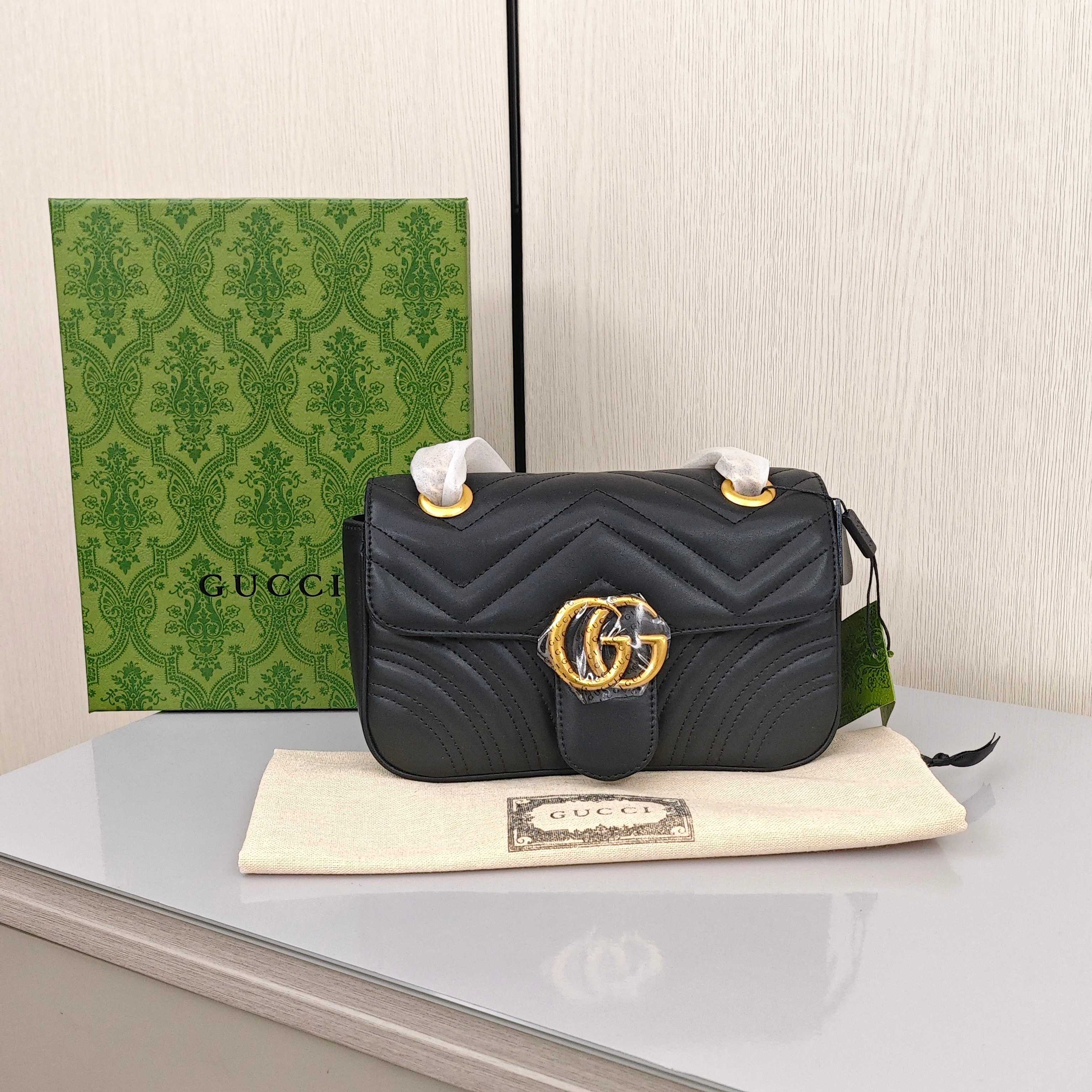 GUCCI GG Marmont Women's Crossbody/Shoulder Bag with Gold - tone Logo in Distressed Finish, Black