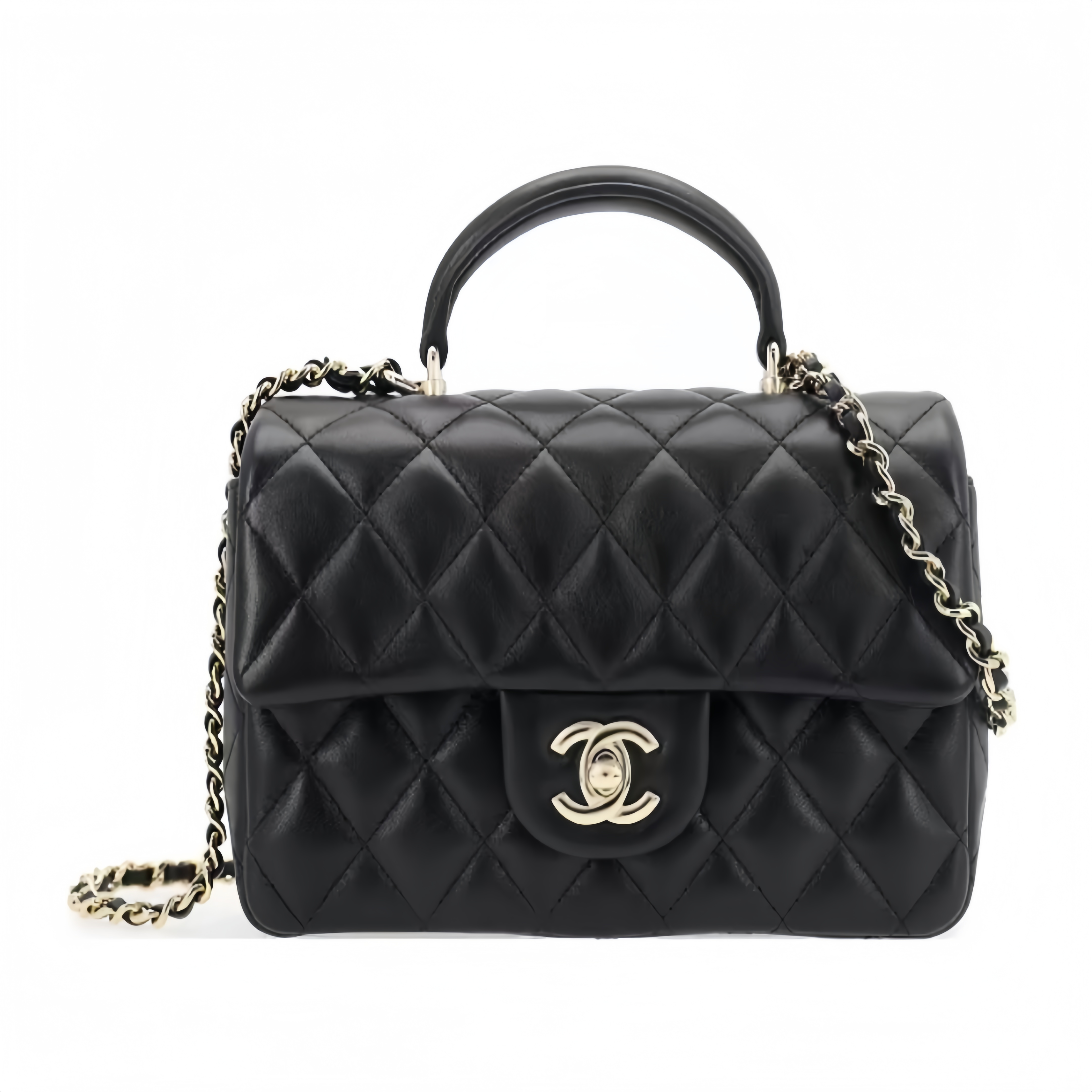 CHANEL Classic Flap CF Mini Handbag with Glossy Gold - Tone Hardware. Made of lambskin leather, it's a flap - over bag that can be carried as a handbag, shoulder bag or crossbody bag. Mini size, for women, black.