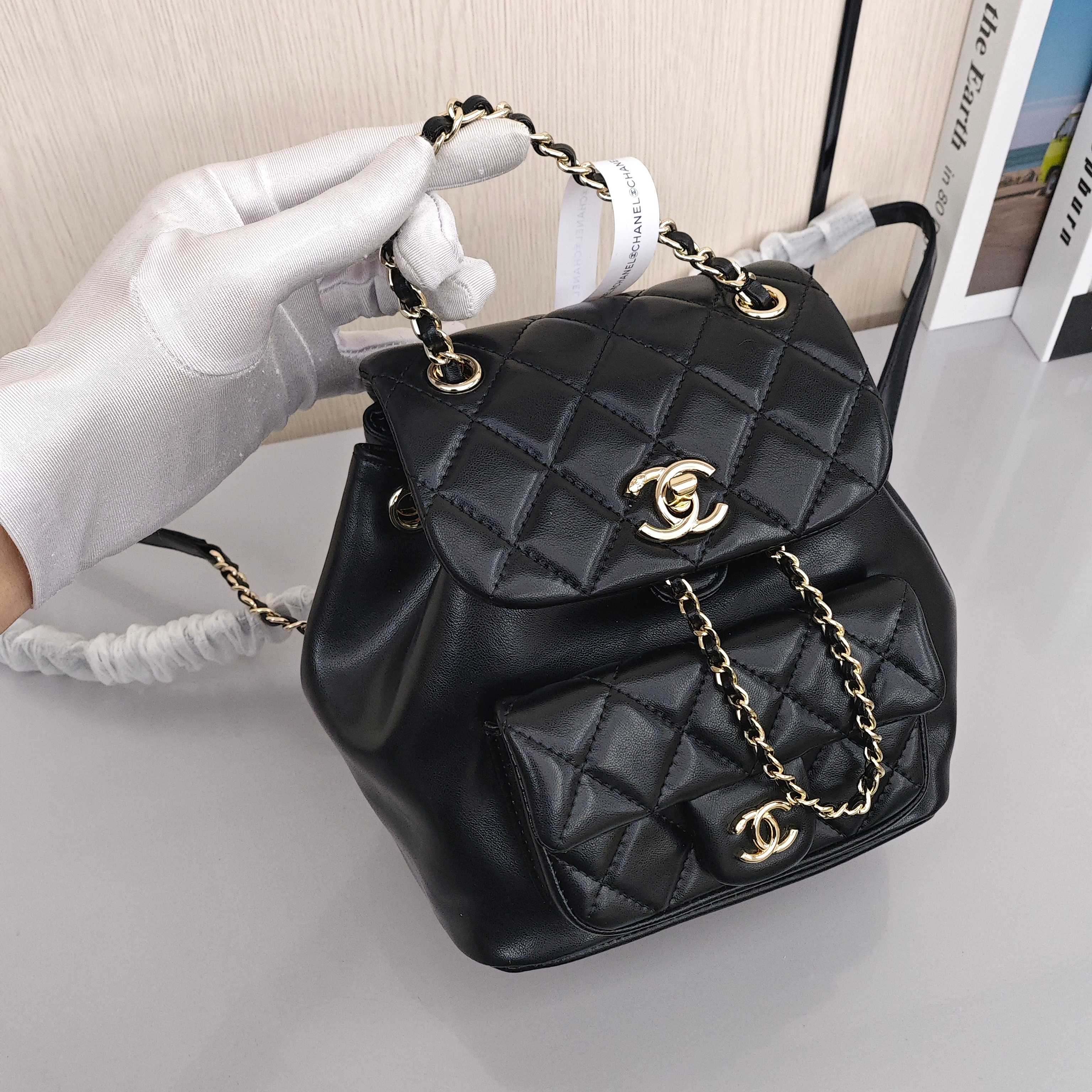 CHANEL Duma Backpack/Dual - Strap Bag with Gold - Tone Hardware, Quilted Flap, in Small Size, Made of Calfskin Leather, Black, for Women