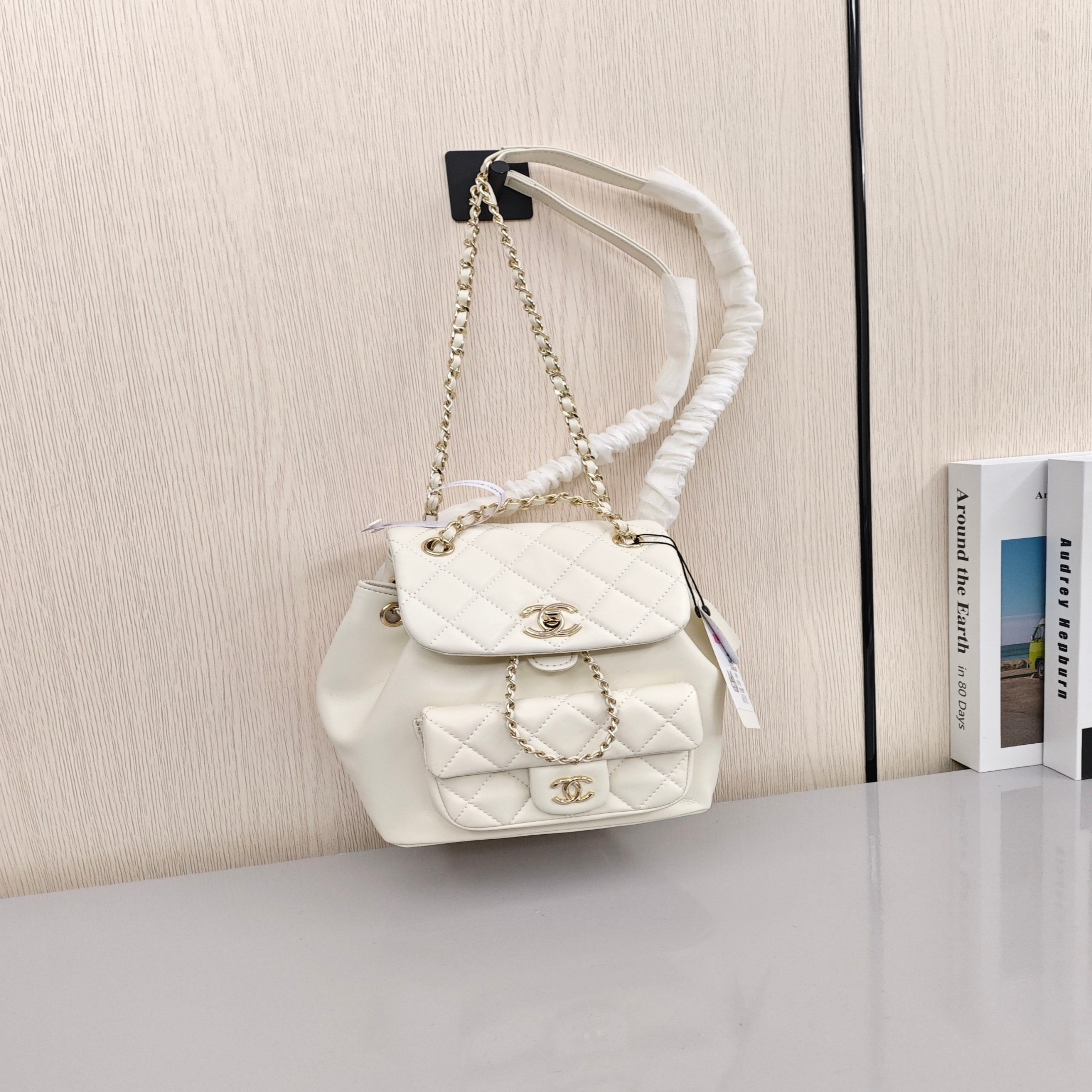 CHANEL Duma 23C Early Spring Collection. Stylish Quilted Flap Backpack/Dual - Strap Bag. Made of Calfskin Leather. Large Size. For Women. White.