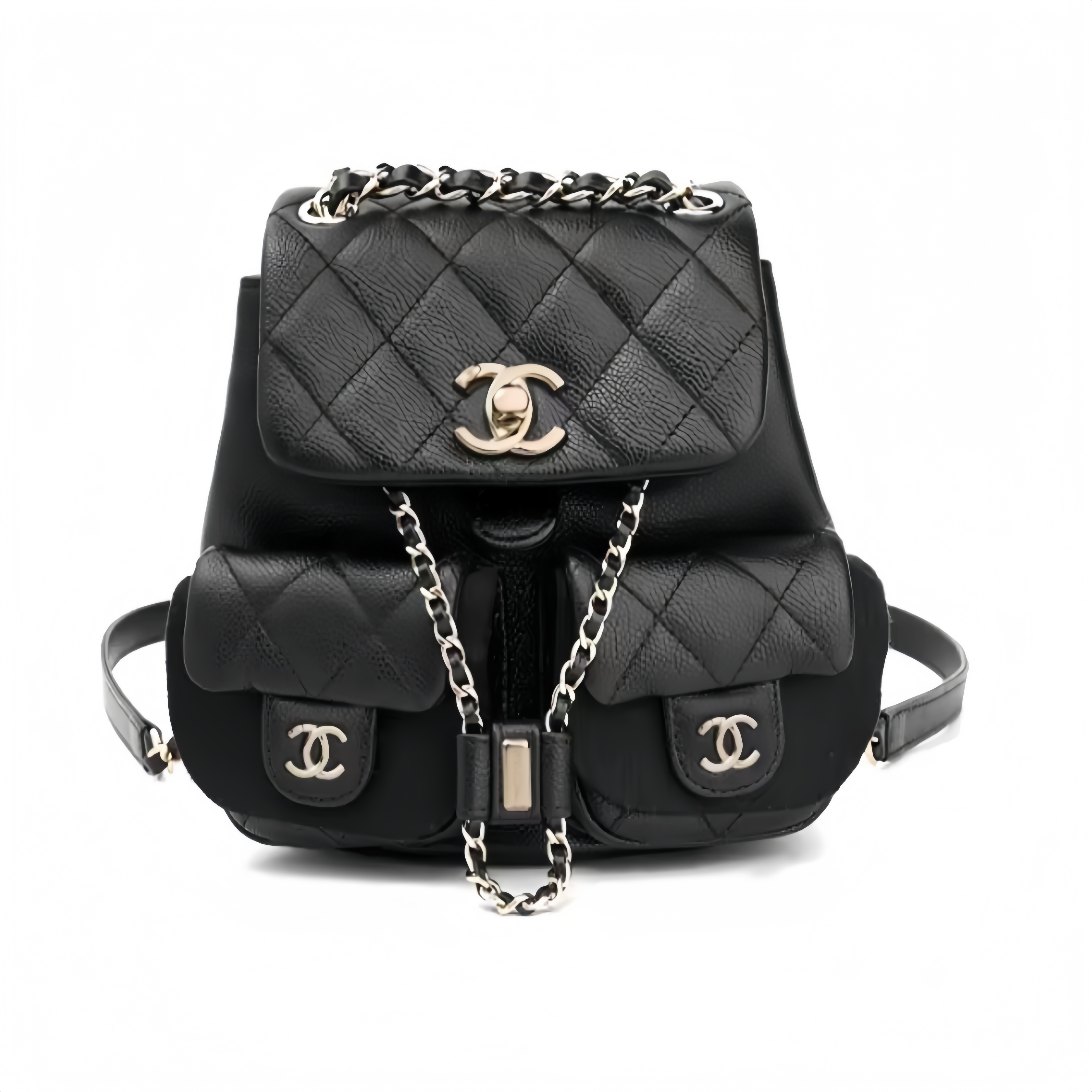 CHANEL Duma 24A Retro Backpack/Dual - Strap Bag with Light Gold - Tone Hardware and Quilted Pattern, Made of Grained Calfskin Leather, Medium Size, Unisex, Black