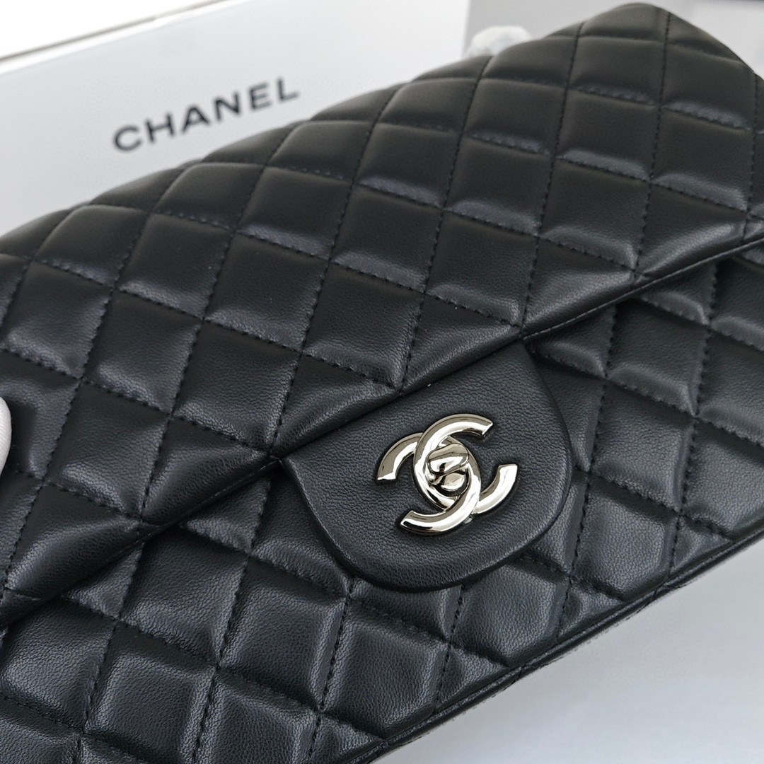 CHANEL Classic Flap CF Shoulder/Crossbody Flap Bag for Women, in Black, featuring Classic Silver - Tone Hardware, Grain - Embossed Calfskin Leather and Chain Shoulder Strap