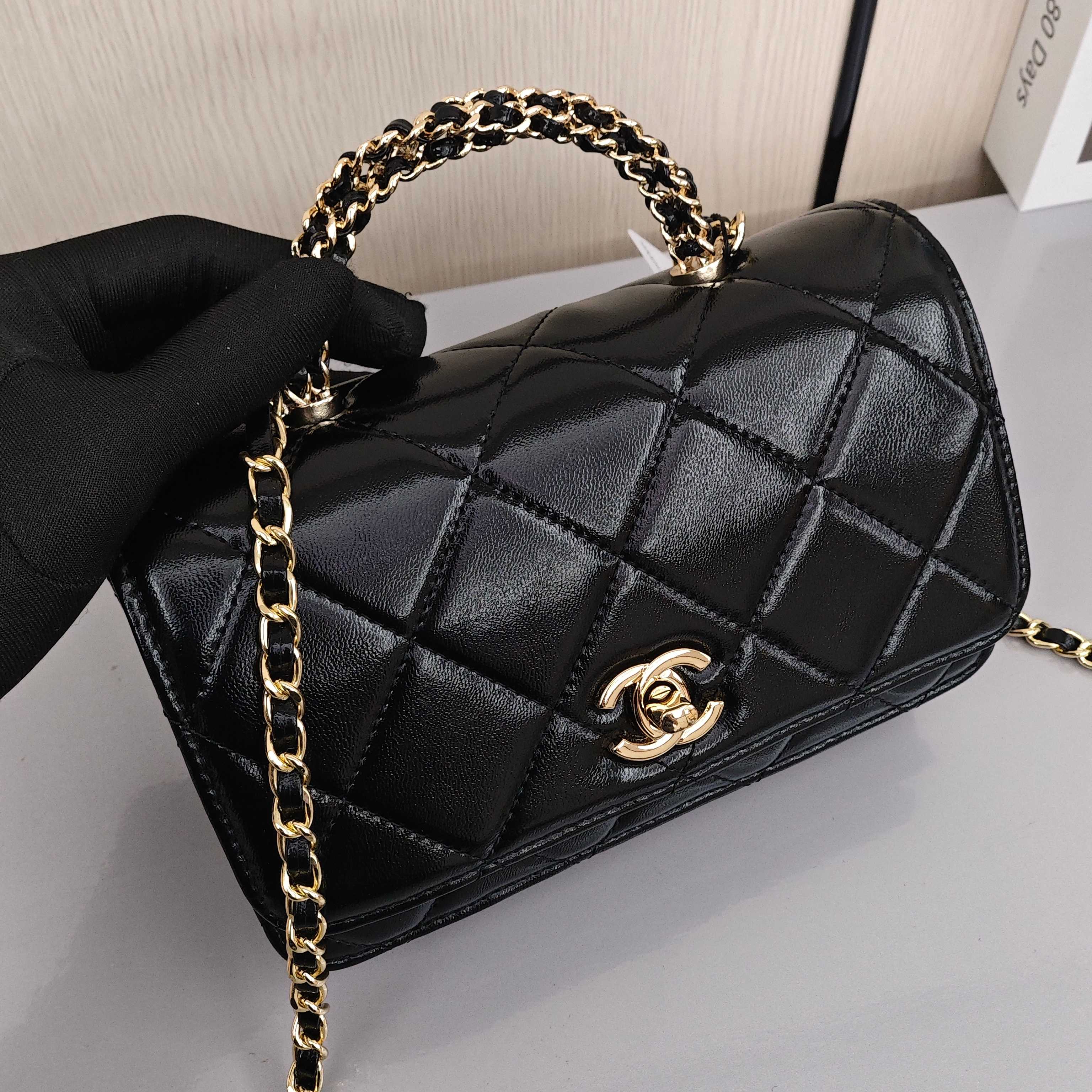 CHANEL 24B Chain - Quilted Shoulder/Crossbody Bag with Gold - Tone Hardware, Made of Shiny Lambskin Leather, for Women, Black