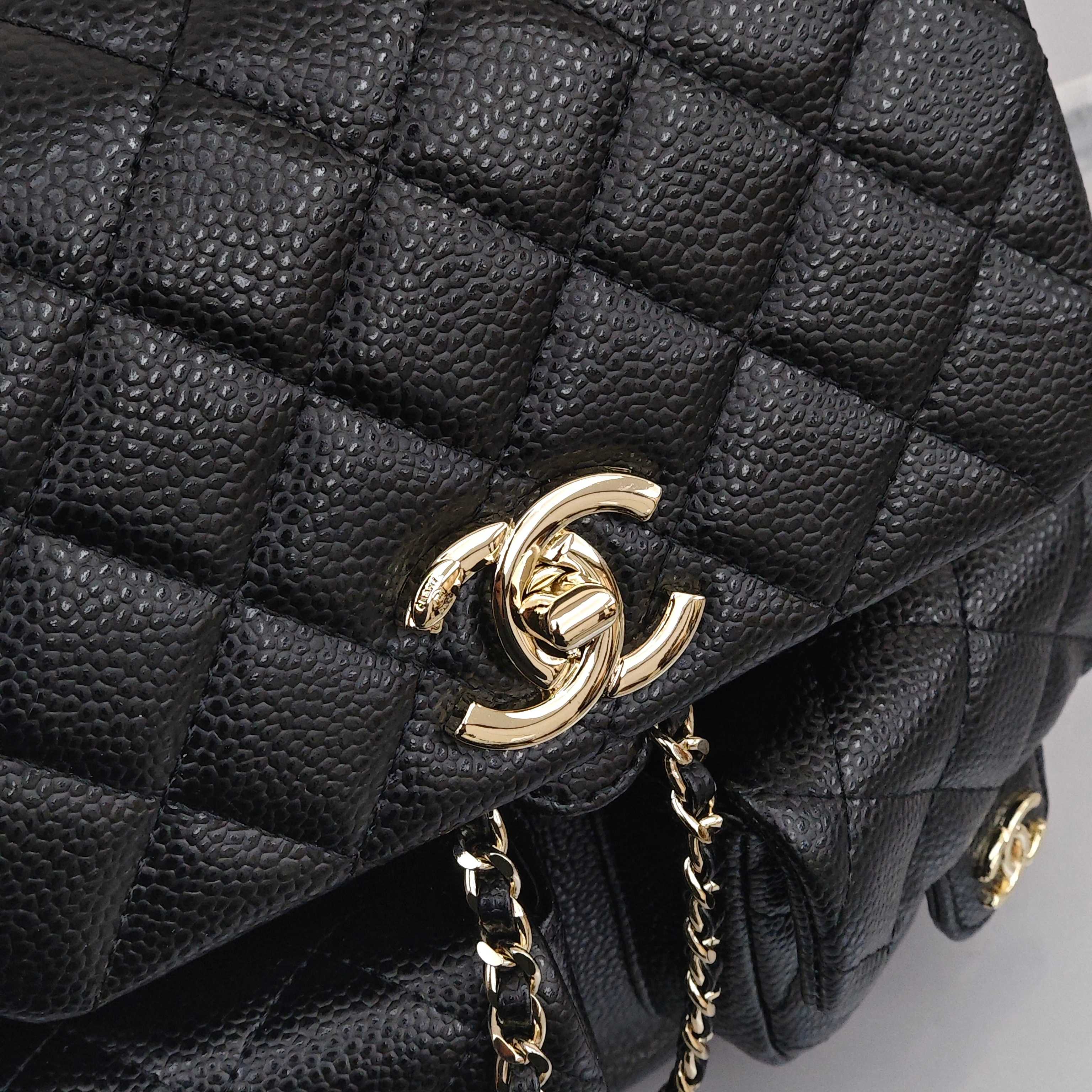 CHANEL Duma 24A Retro Backpack/Dual - Strap Bag with Light Gold - Tone Hardware and Quilted Pattern, Made of Grained Calfskin Leather, Medium Size, Unisex, Black