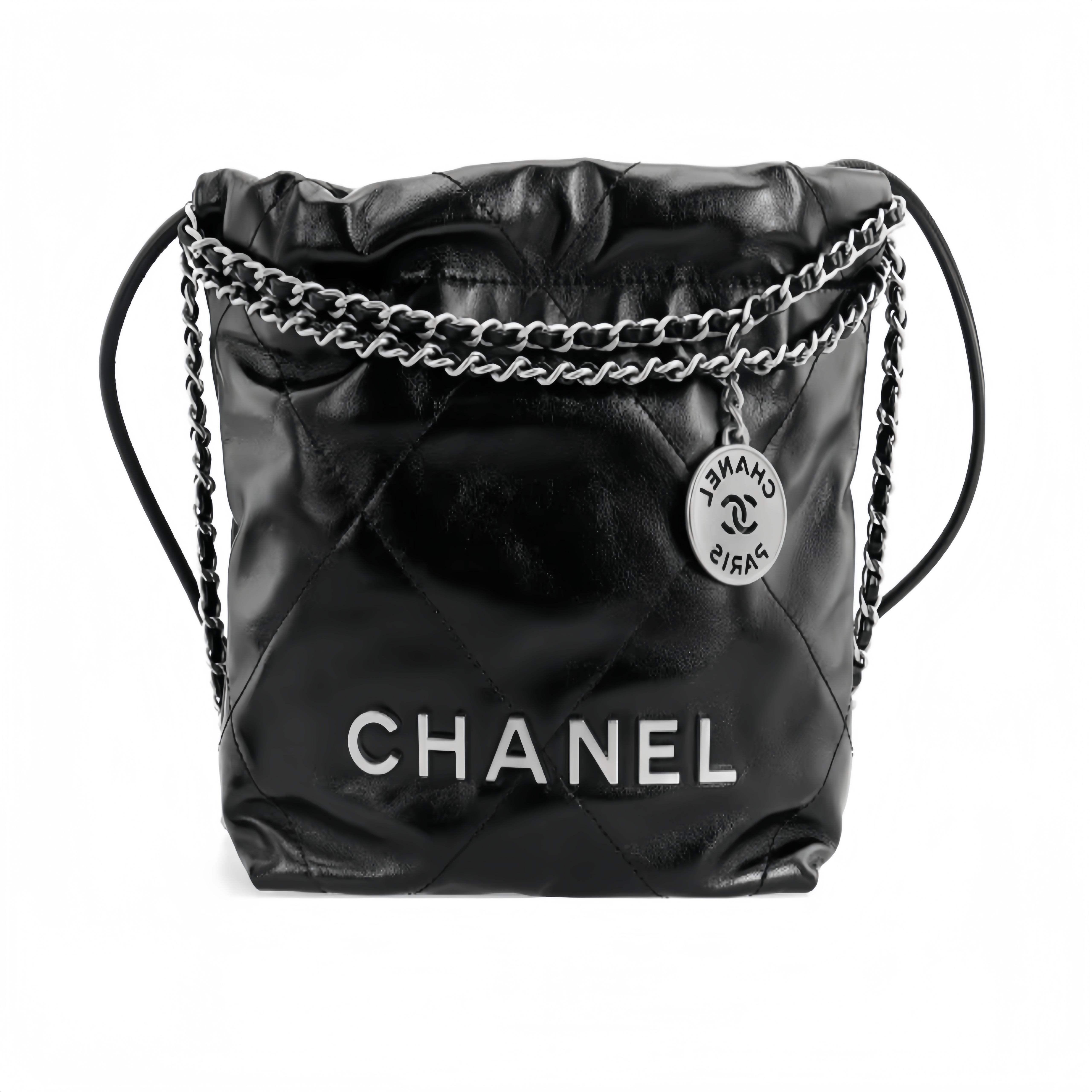 CHANEL 22 Bag Mini. With silver logo, diamond check pattern and drawstring. Made of calfskin. Bucket bag. Can be carried as a crossbody bag or a shoulder bag. Mini size. For women. In black.