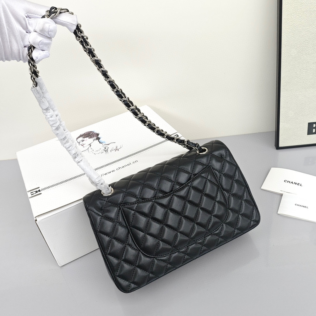 CHANEL Classic Flap CF Shoulder/Crossbody Flap Bag for Women, in Black, featuring Classic Silver - Tone Hardware, Grain - Embossed Calfskin Leather and Chain Shoulder Strap