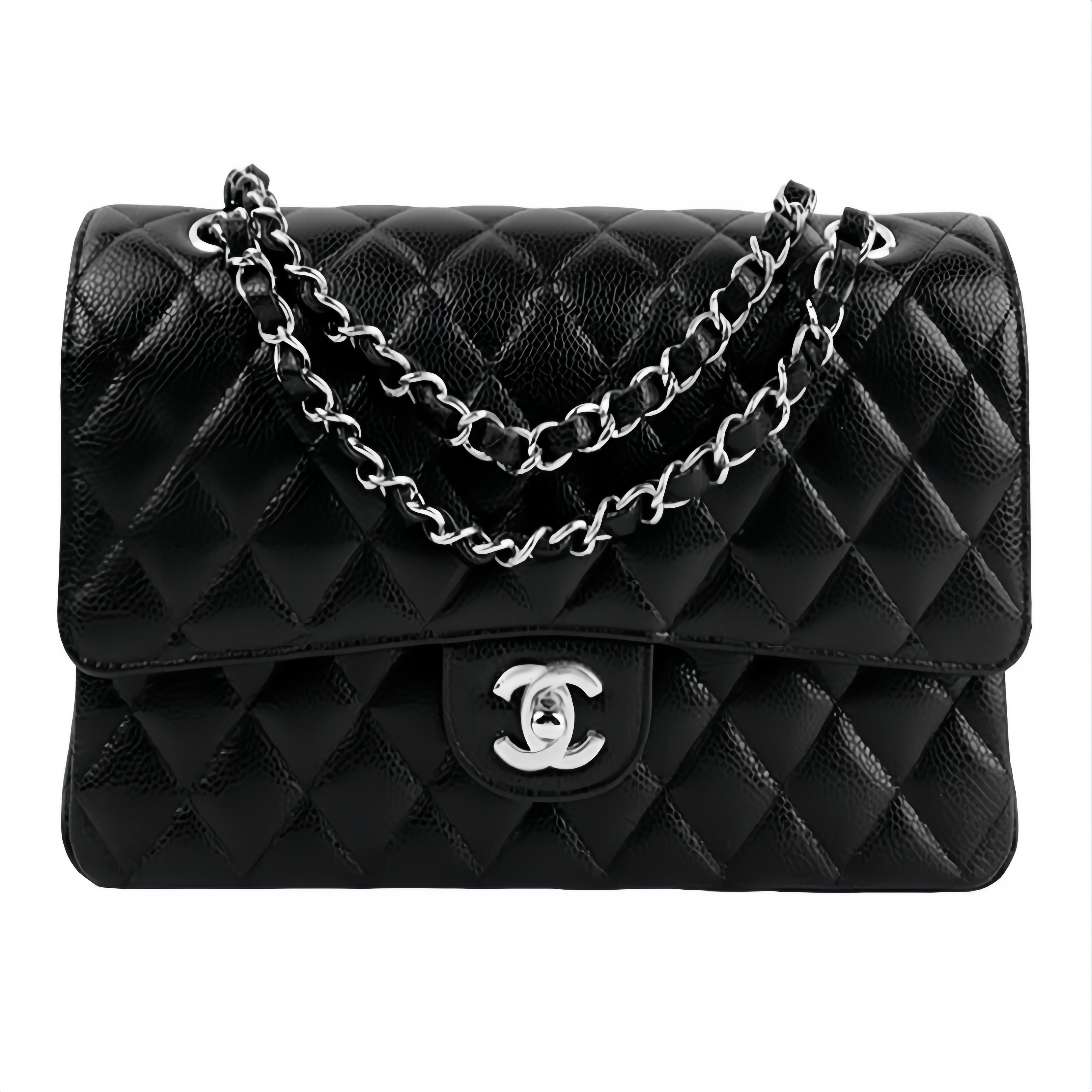 CHANEL Classic Flap CF Shoulder/Crossbody Flap Bag for Women, in Black, featuring Classic Silver - Tone Hardware, Grain - Embossed Calfskin Leather and Chain Shoulder Strap