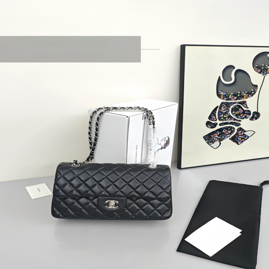 CHANEL Classic Flap CF Shoulder/Crossbody Flap Bag for Women, in Black, featuring Classic Silver - Tone Hardware, Grain - Embossed Calfskin Leather and Chain Shoulder Strap