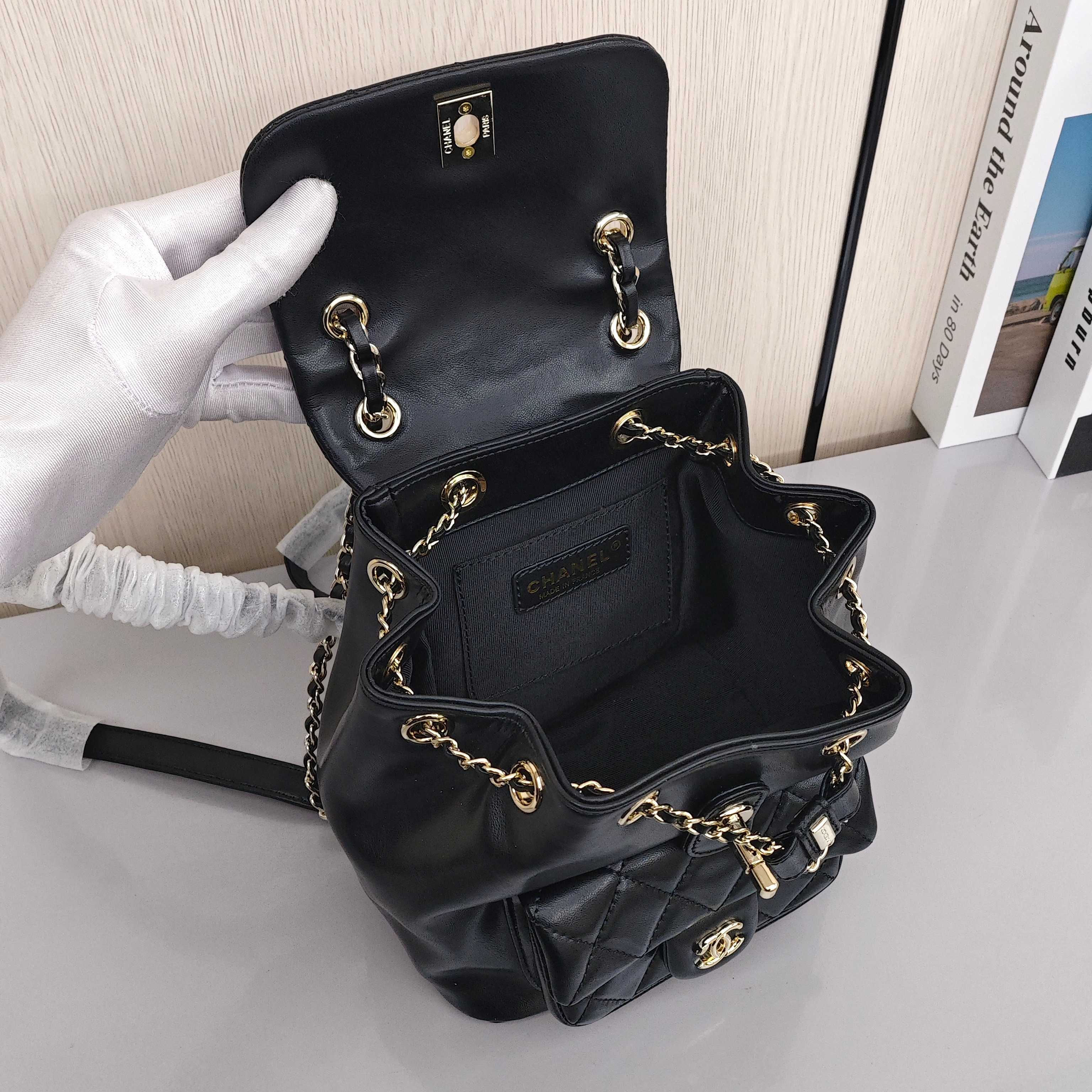 CHANEL Duma Backpack/Dual - Strap Bag with Gold - Tone Hardware, Quilted Flap, in Small Size, Made of Calfskin Leather, Black, for Women