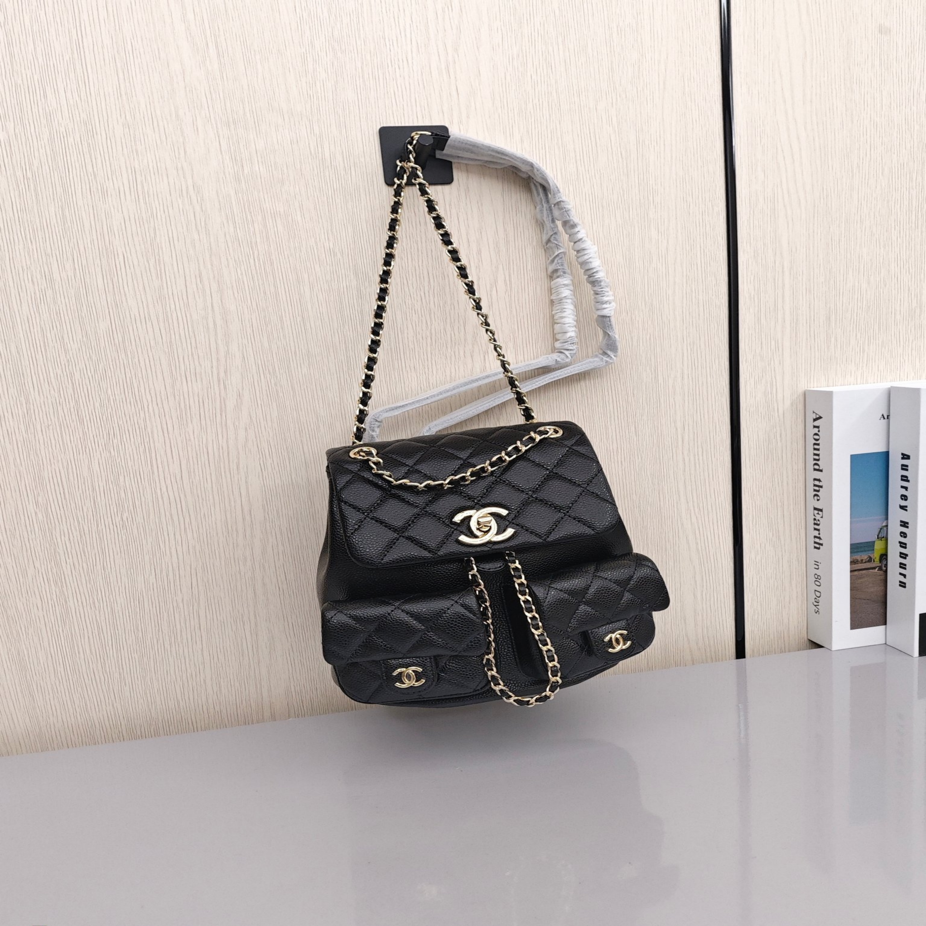 CHANEL Duma 24A Retro Backpack/Dual - Strap Bag with Light Gold - Tone Hardware and Quilted Pattern, Made of Grained Calfskin Leather, Medium Size, Unisex, Black