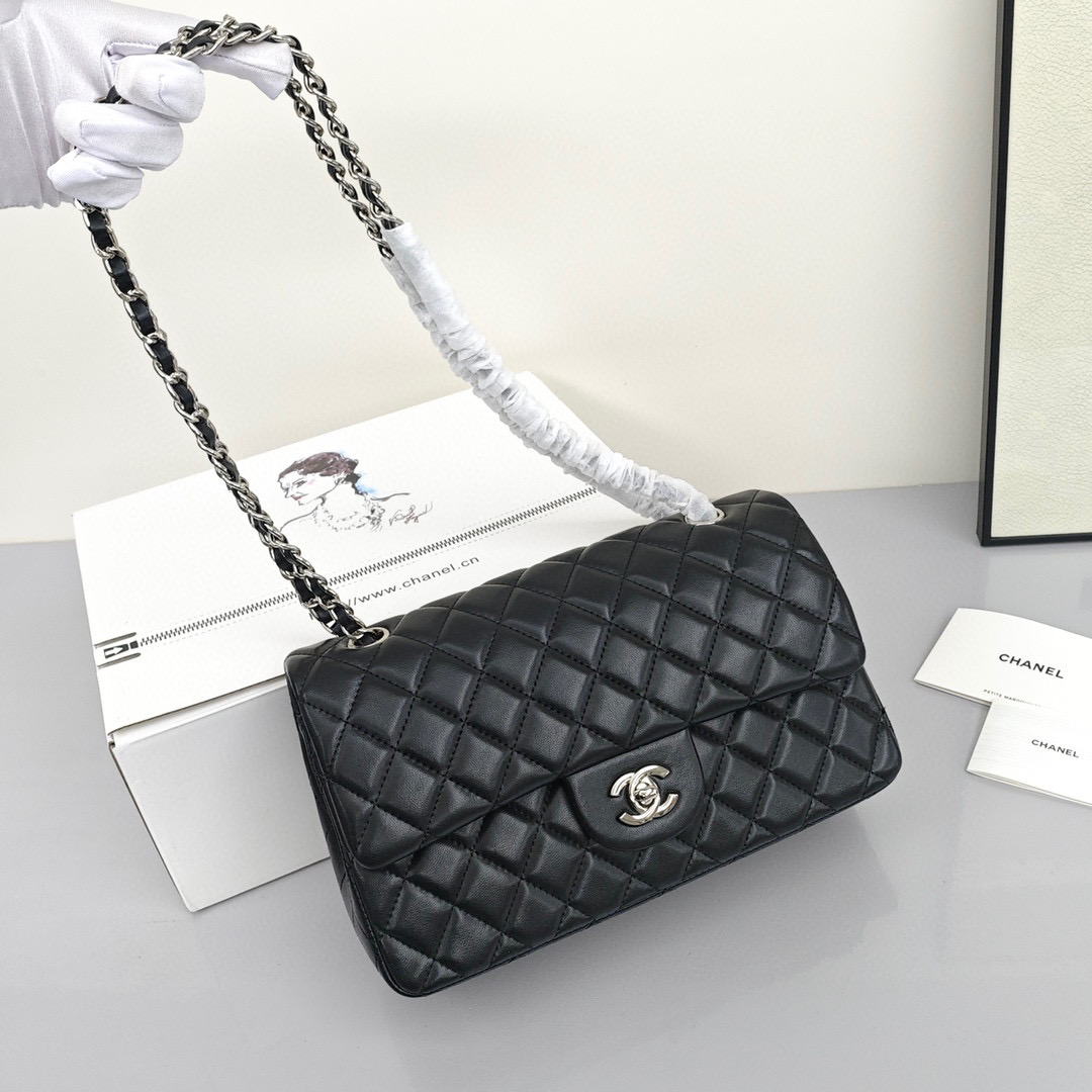 CHANEL Classic Flap CF Shoulder/Crossbody Flap Bag for Women, in Black, featuring Classic Silver - Tone Hardware, Grain - Embossed Calfskin Leather and Chain Shoulder Strap