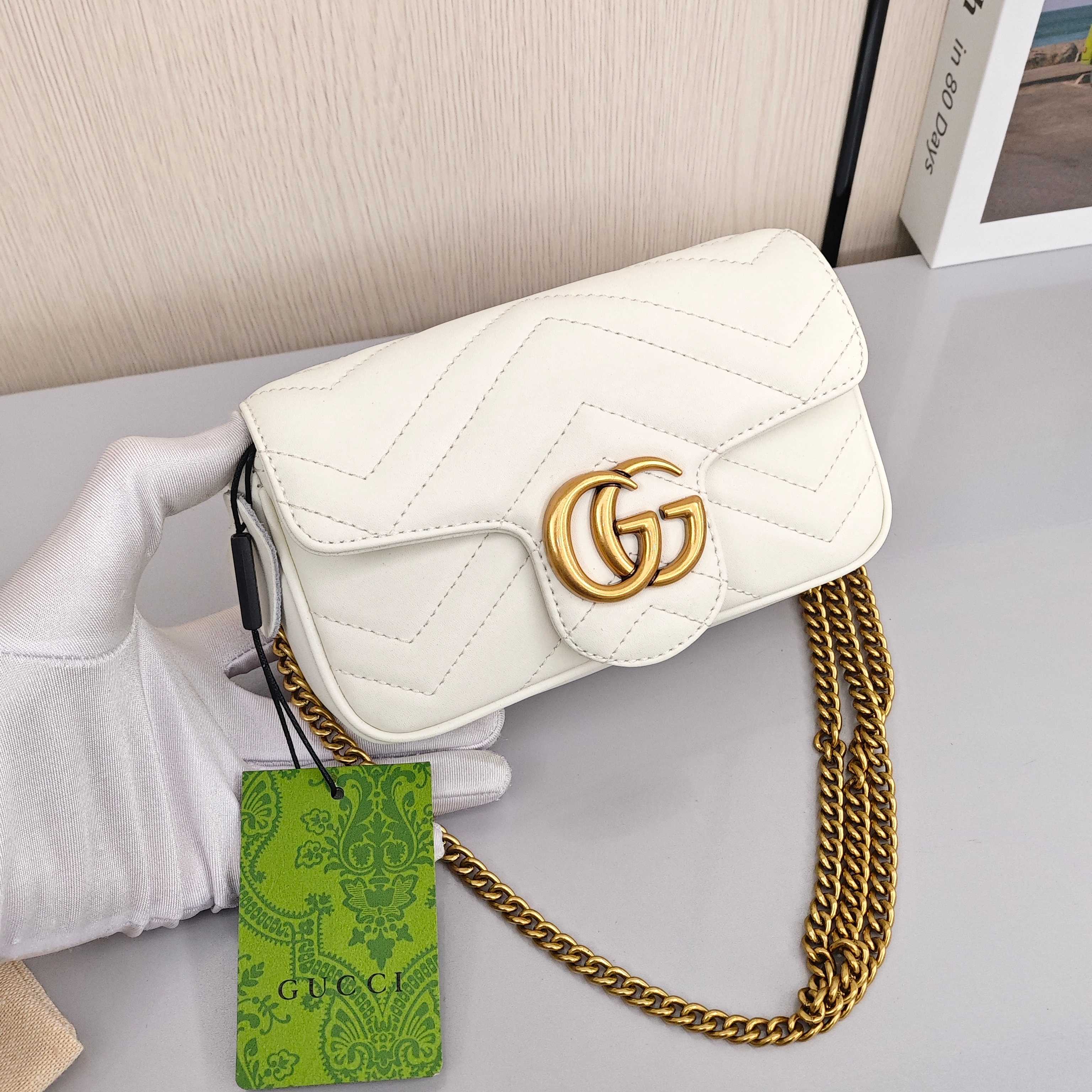 GUCCI GG Marmont Mini Leather Shoulder/Crossbody Bag, Super Mini, Women's, Light Gray
