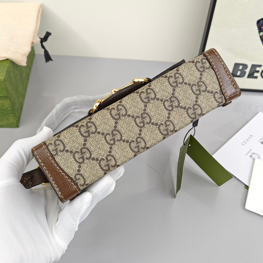 GUCCI Horsebit 1955 Mini Canvas - Leather - Trimmed Bag with Monogram Logo, Unisex, Brown