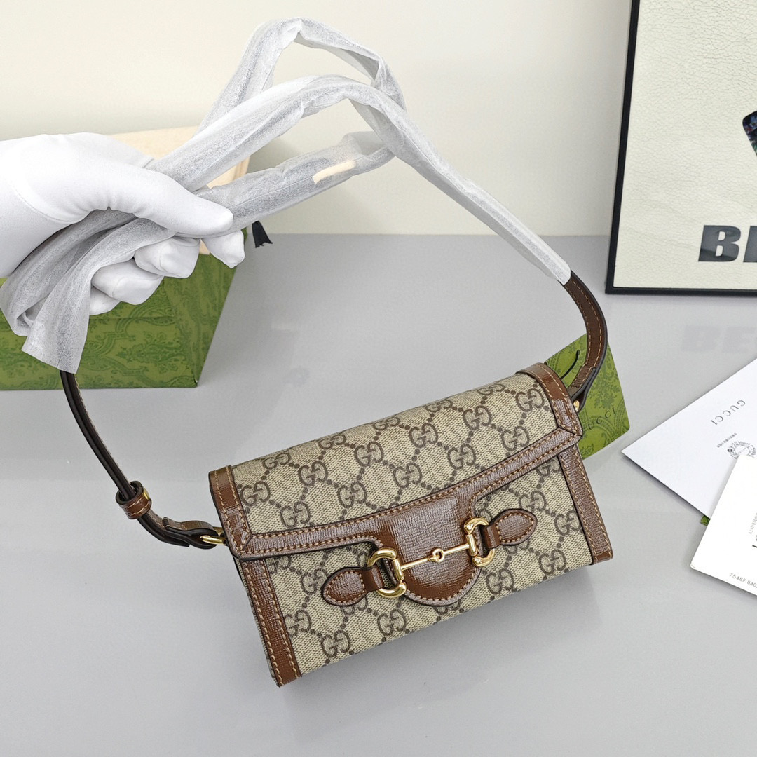 GUCCI Horsebit 1955 Mini Canvas - Leather - Trimmed Bag with Monogram Logo, Unisex, Brown