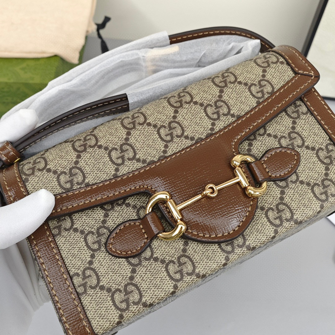 GUCCI Horsebit 1955 Mini Canvas - Leather - Trimmed Bag with Monogram Logo, Unisex, Brown