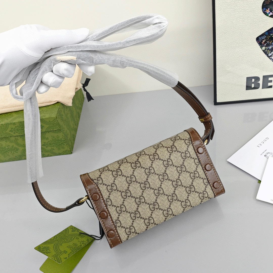 GUCCI Horsebit 1955 Mini Canvas - Leather - Trimmed Bag with Monogram Logo, Unisex, Brown